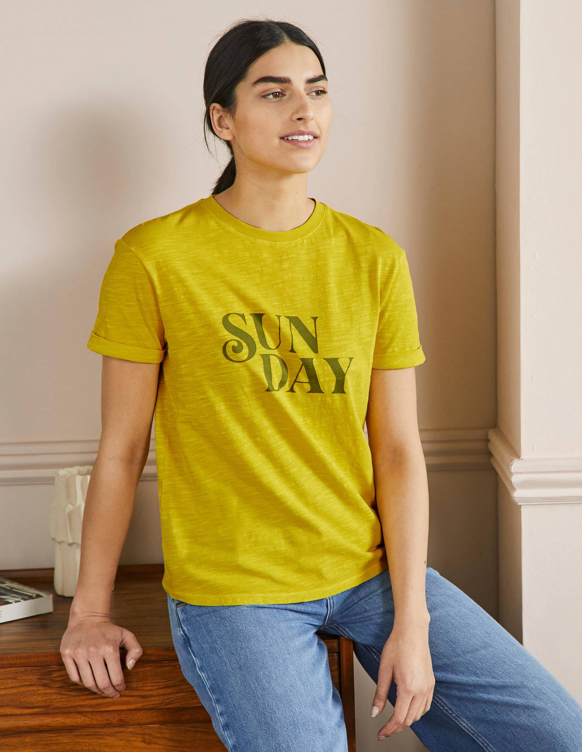 Turn Up Cuff Cotton T-shirt-Lemon Fizz, Sunday - Image 4