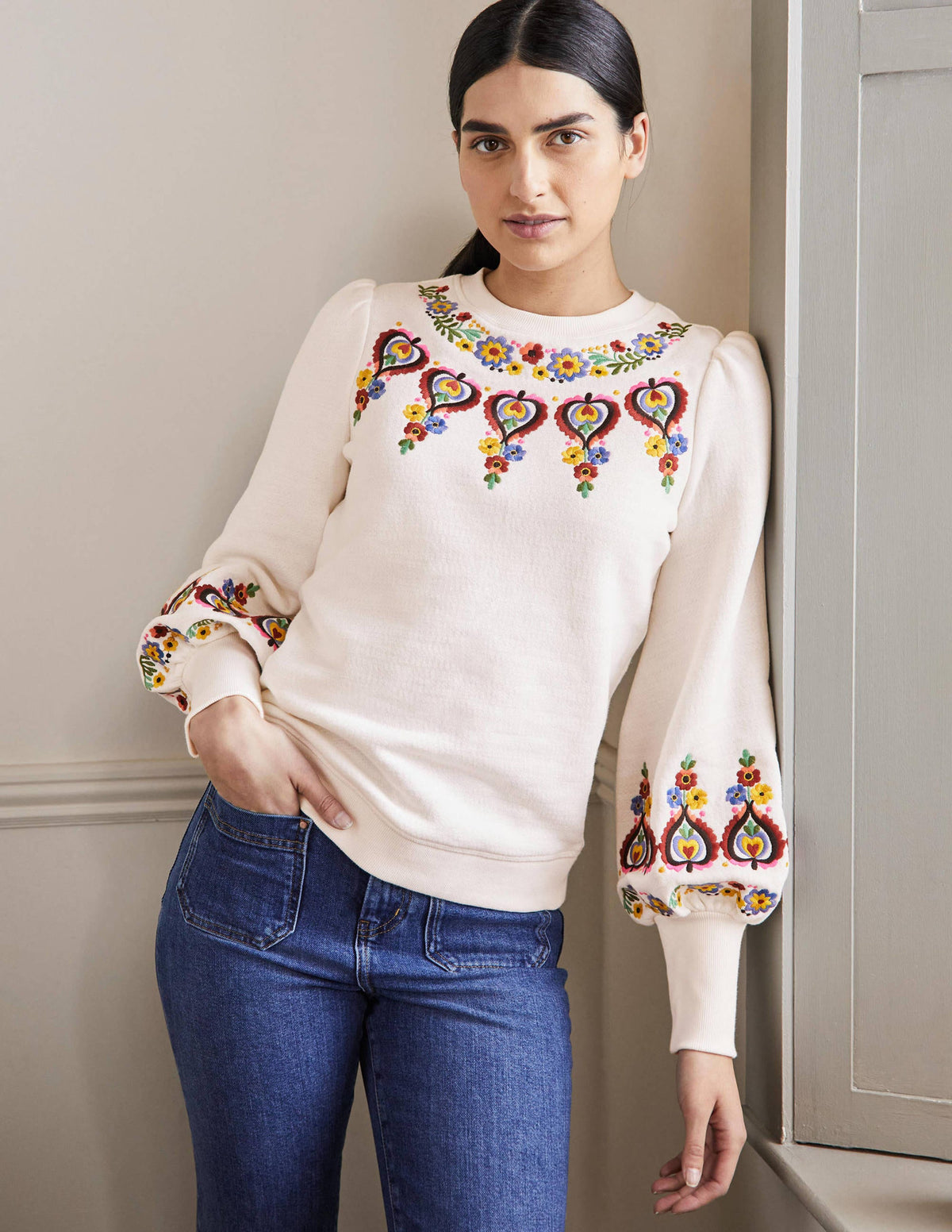 Embroidered Blouson Sweatshirt-Ivory Embroidery-1