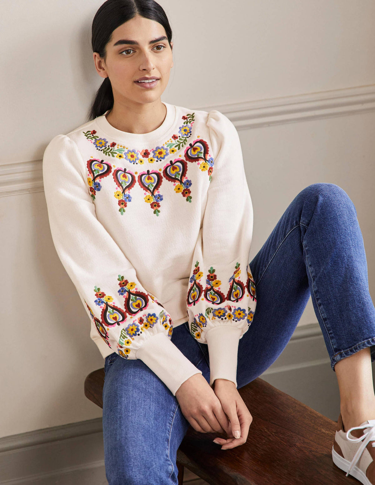 Embroidered Blouson Sweatshirt-Ivory Embroidery-5