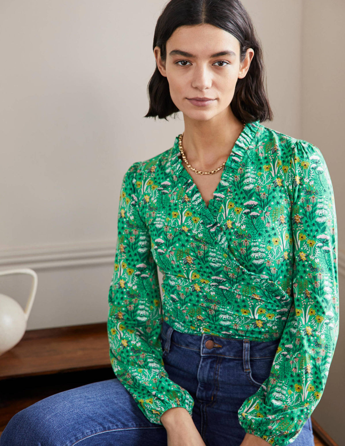 Frill Neck Blouson Wrap Top-Rich Emerald, Wildflower Bloom-1