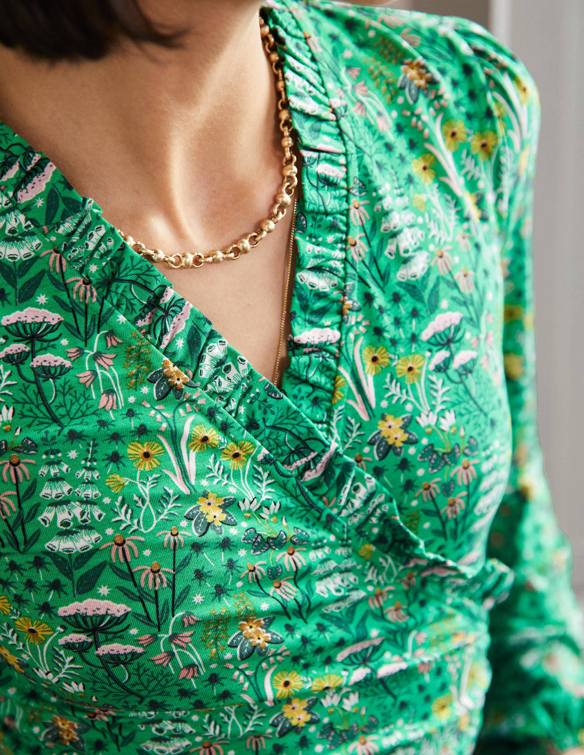 Frill Neck Blouson Wrap Top-Rich Emerald, Wildflower Bloom - Image 2