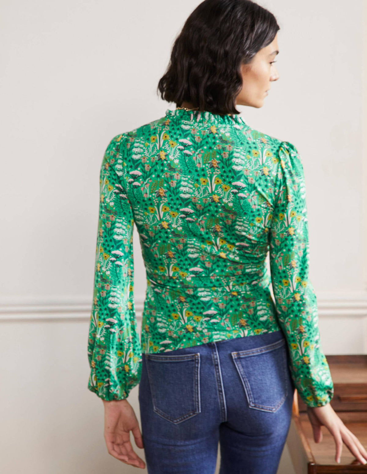 Frill Neck Blouson Wrap Top-Rich Emerald, Wildflower Bloom - Image 3