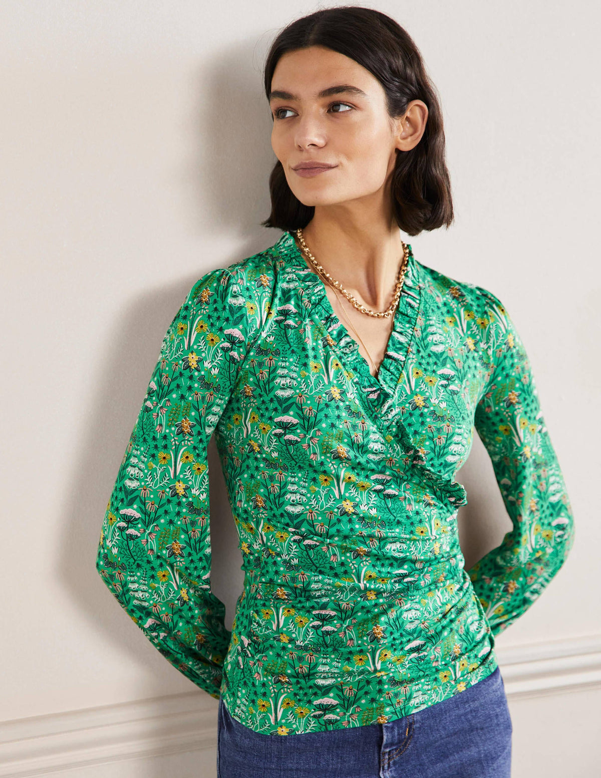 Frill Neck Blouson Wrap Top-Rich Emerald, Wildflower Bloom - Image 4