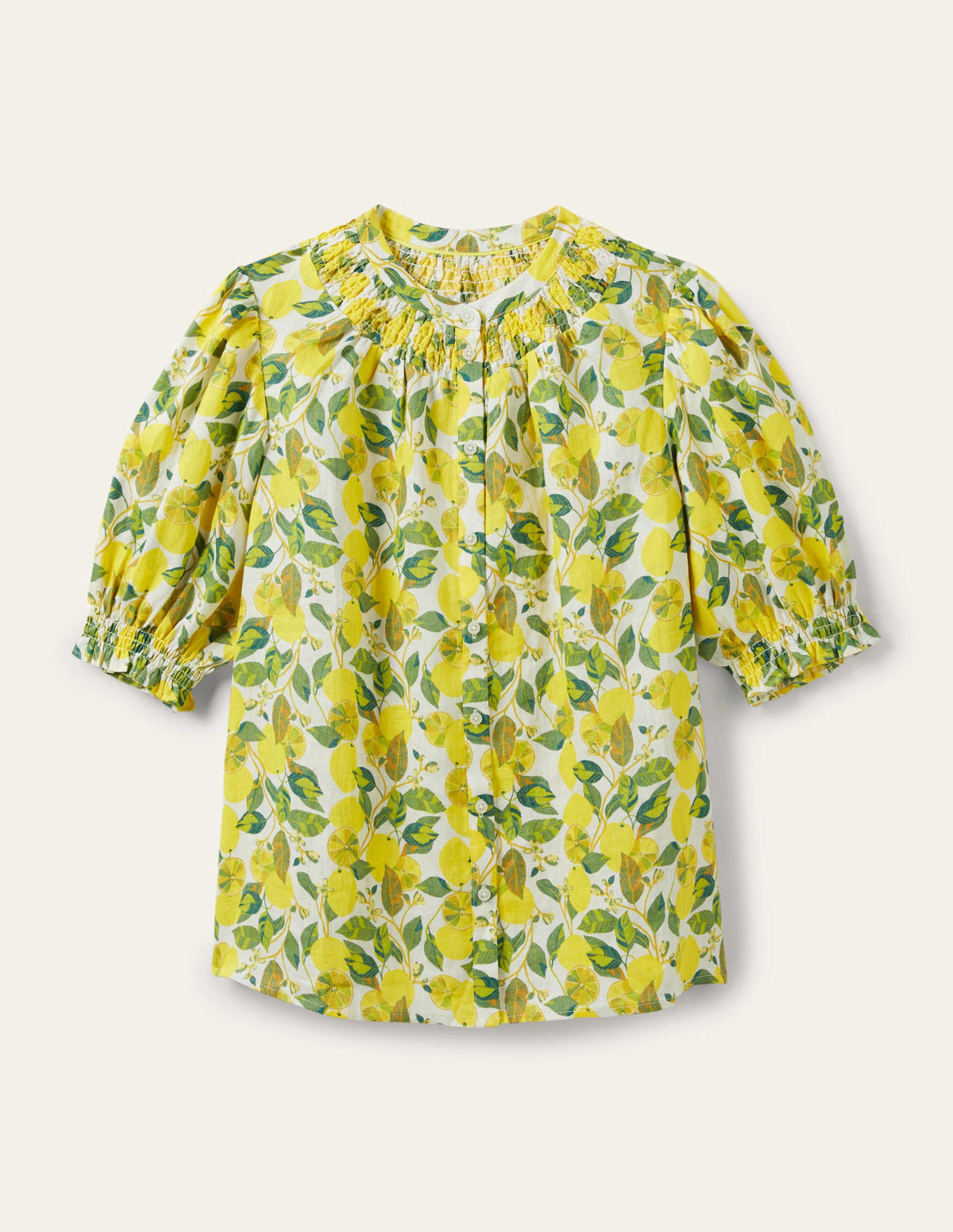 Smocked Short Sleeve Blouse-Ivory, Lemon Vine - Image 6