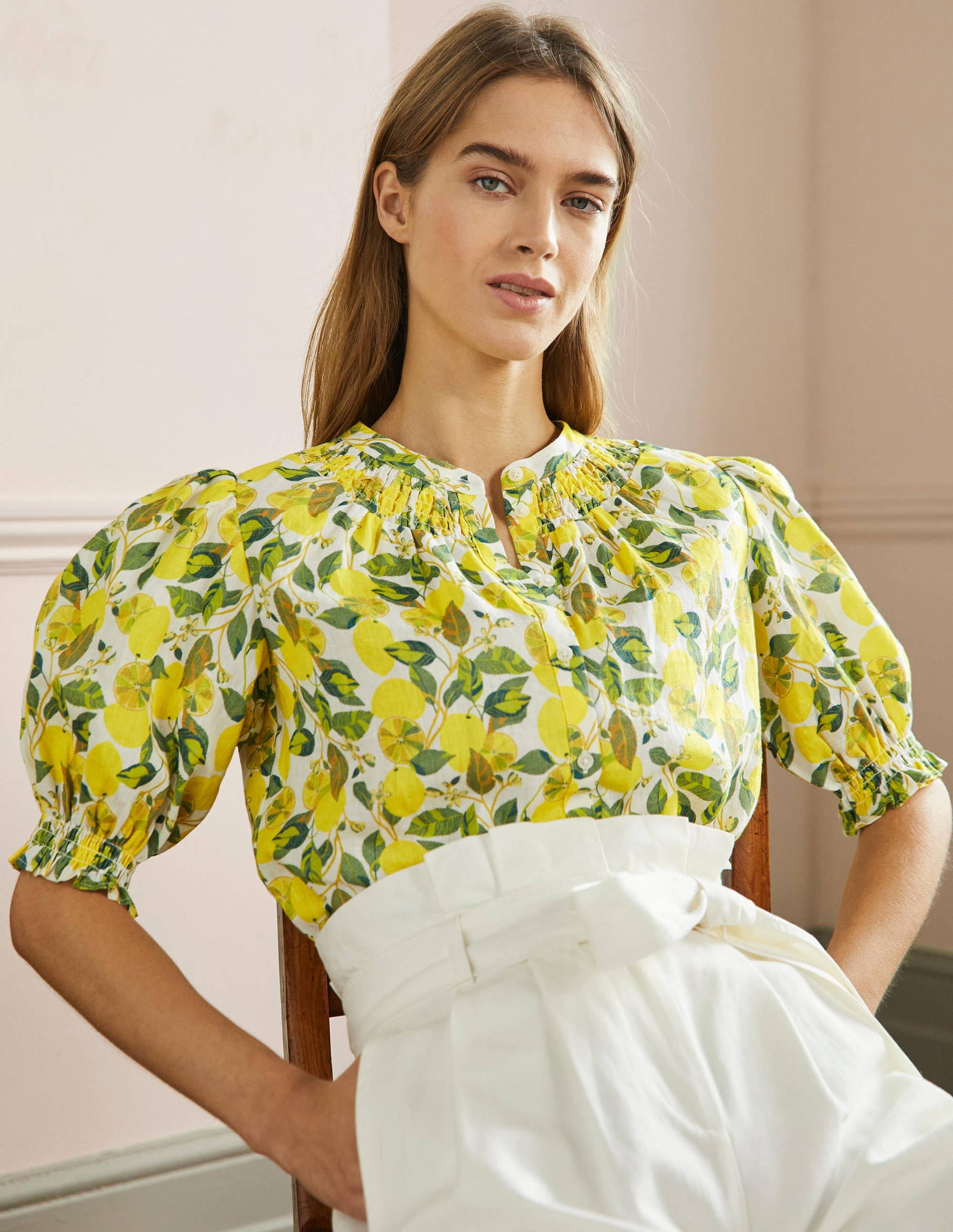 Smocked Short Sleeve Blouse-Ivory, Lemon Vine-1