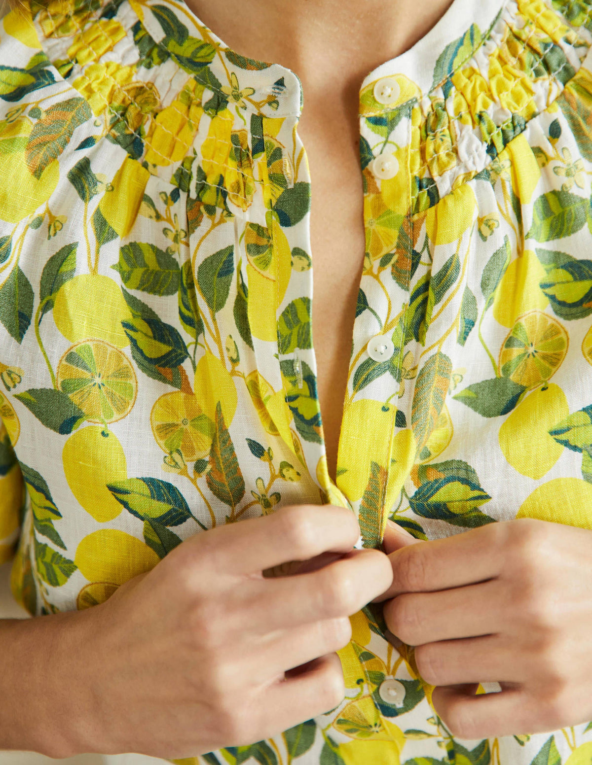 Smocked Short Sleeve Blouse-Ivory, Lemon Vine-2