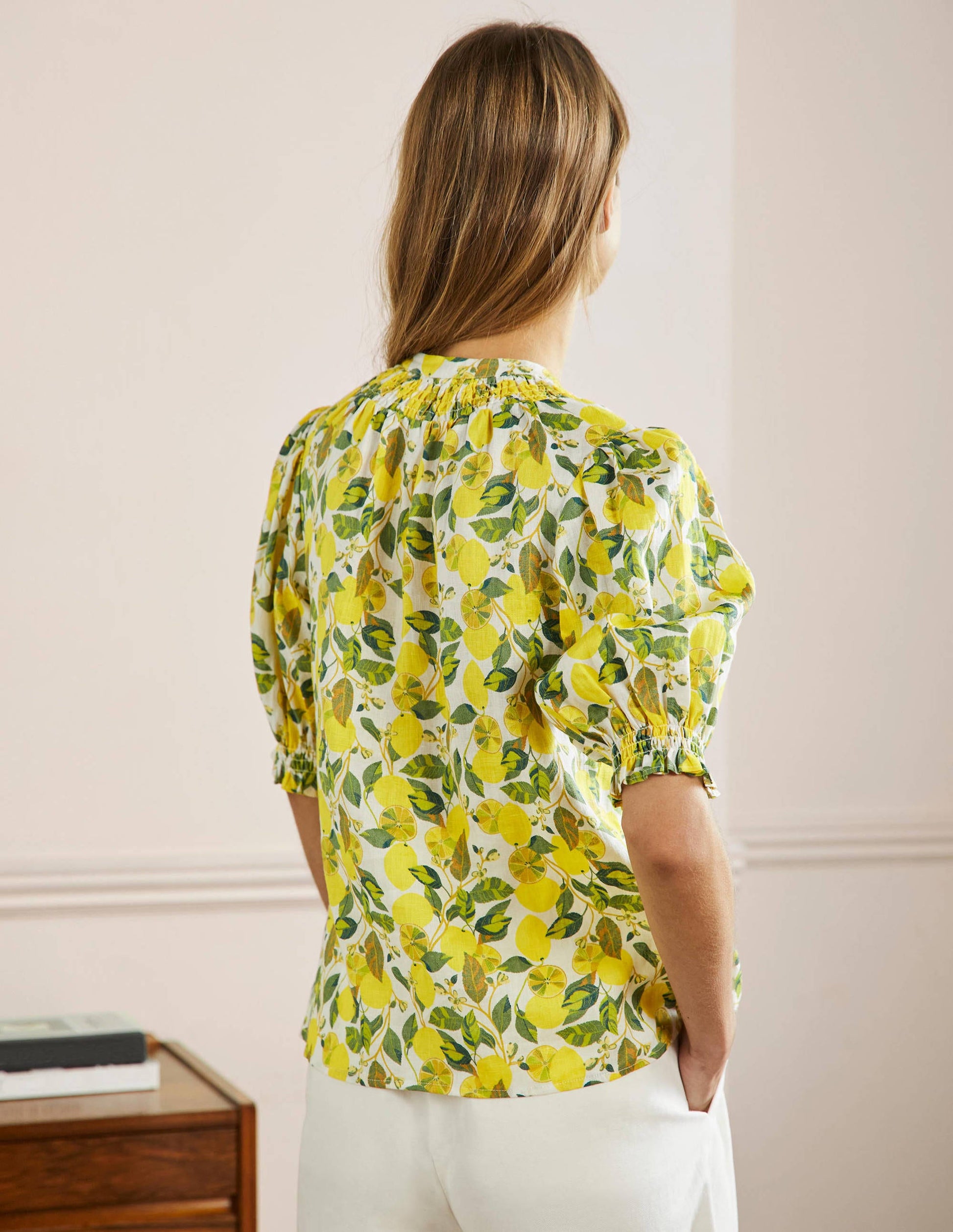 Smocked Short Sleeve Blouse-Ivory, Lemon Vine-3