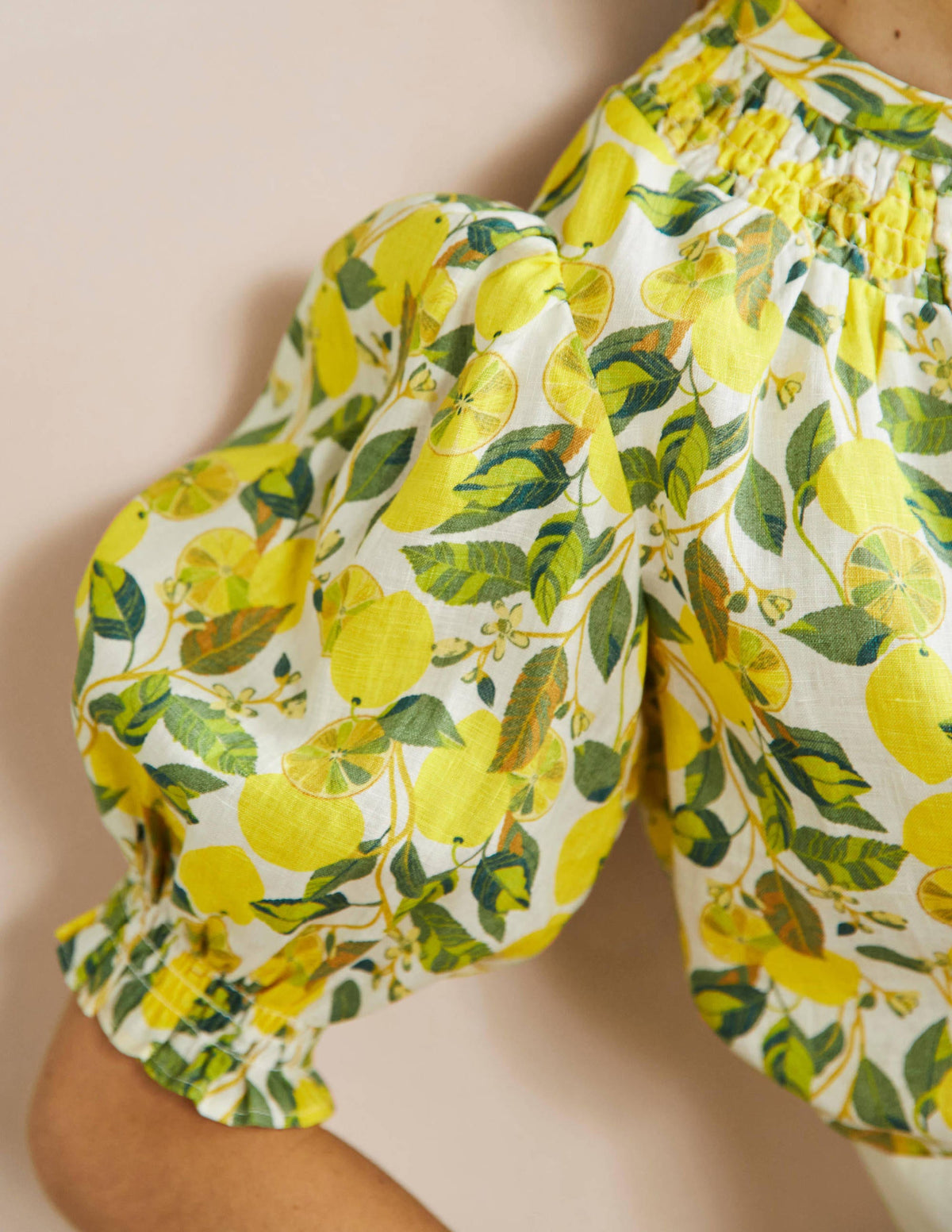 Smocked Short Sleeve Blouse-Ivory, Lemon Vine-5