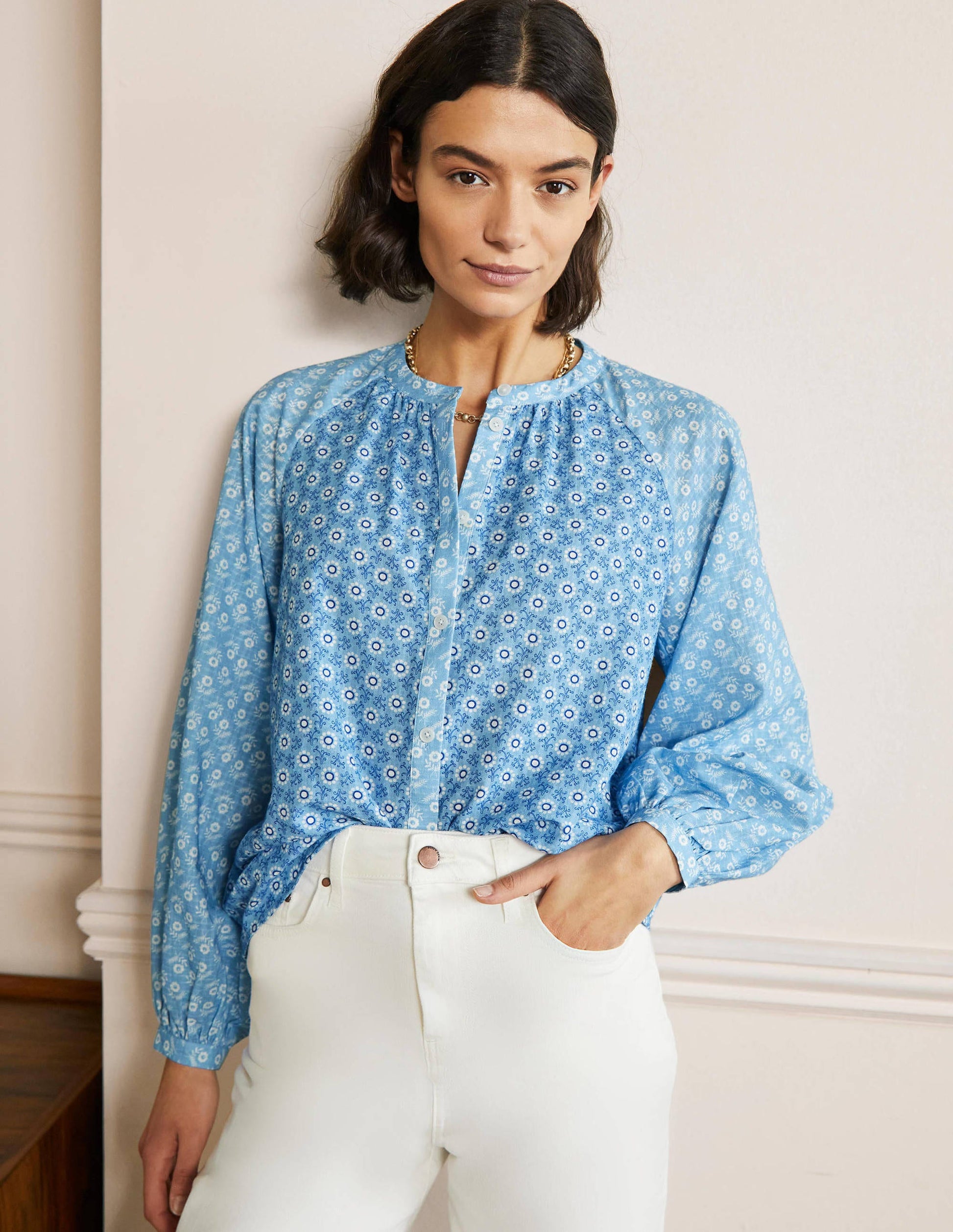Full Sleeve Raglan Blouse-Dusty Blue, Floret Geo-1
