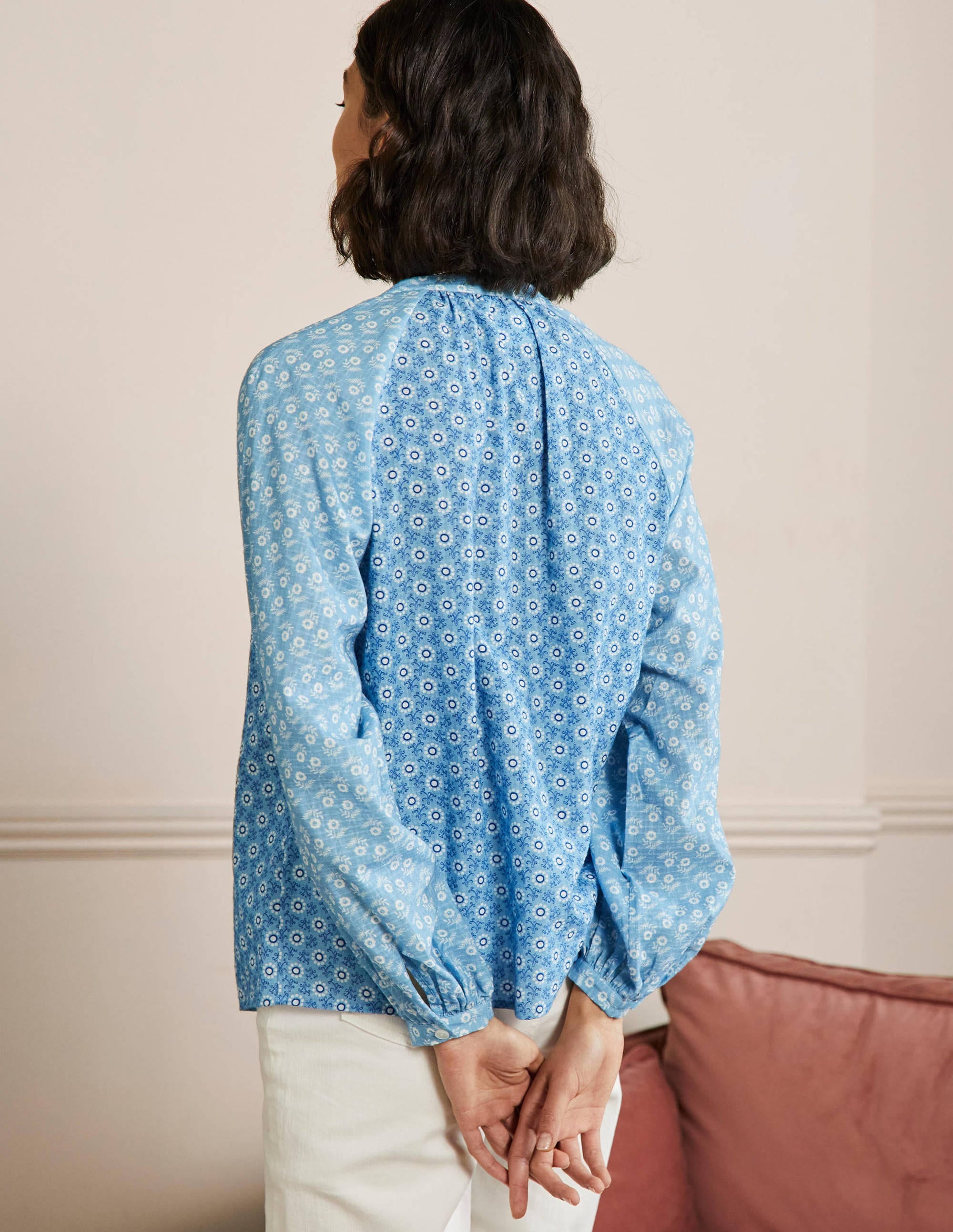 Full Sleeve Raglan Blouse-Dusty Blue, Floret Geo - Image 3