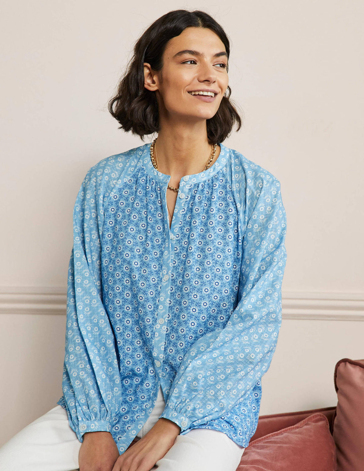Full Sleeve Raglan Blouse-Dusty Blue, Floret Geo - Image 4