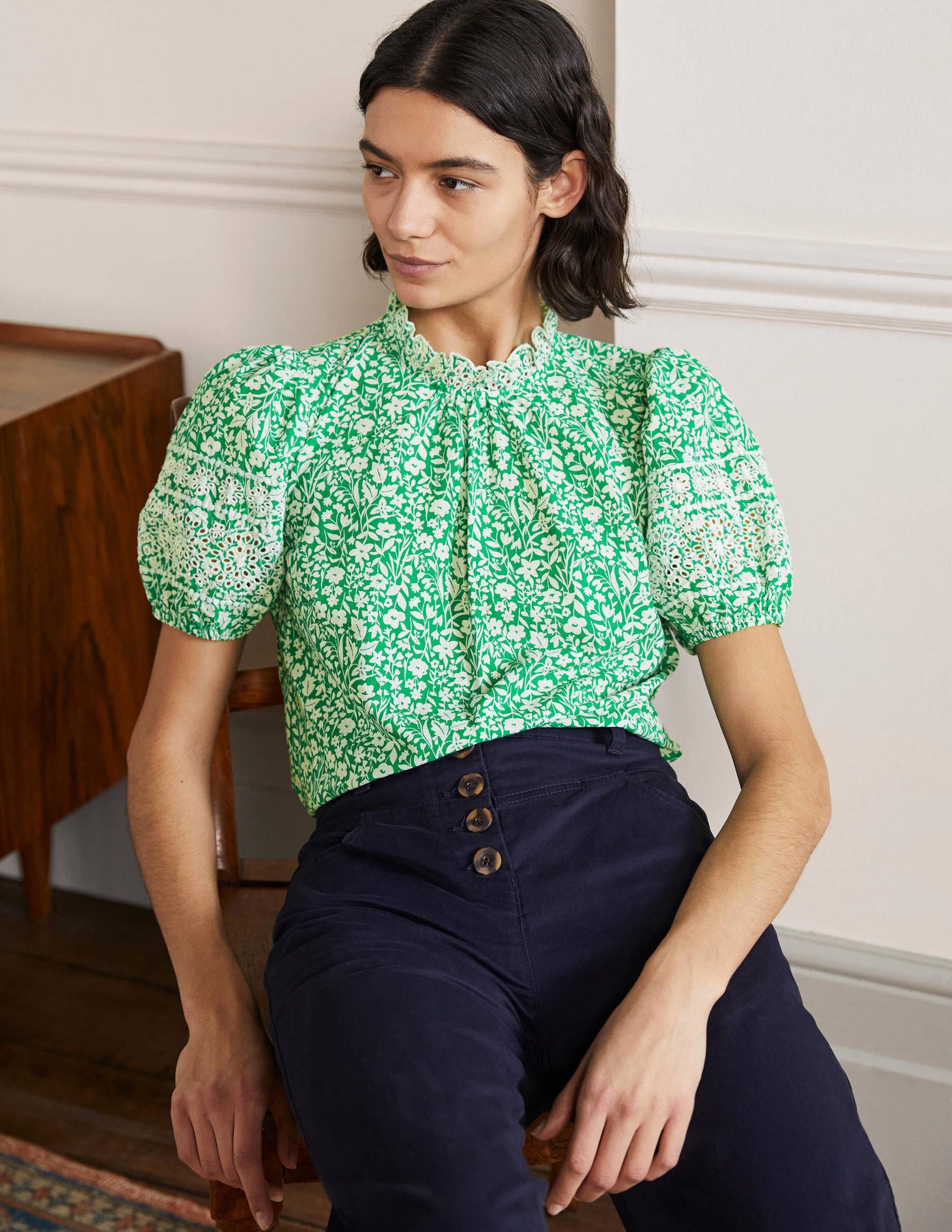 Printed Broderie Top-Rich Emerald, Wildflower-1
