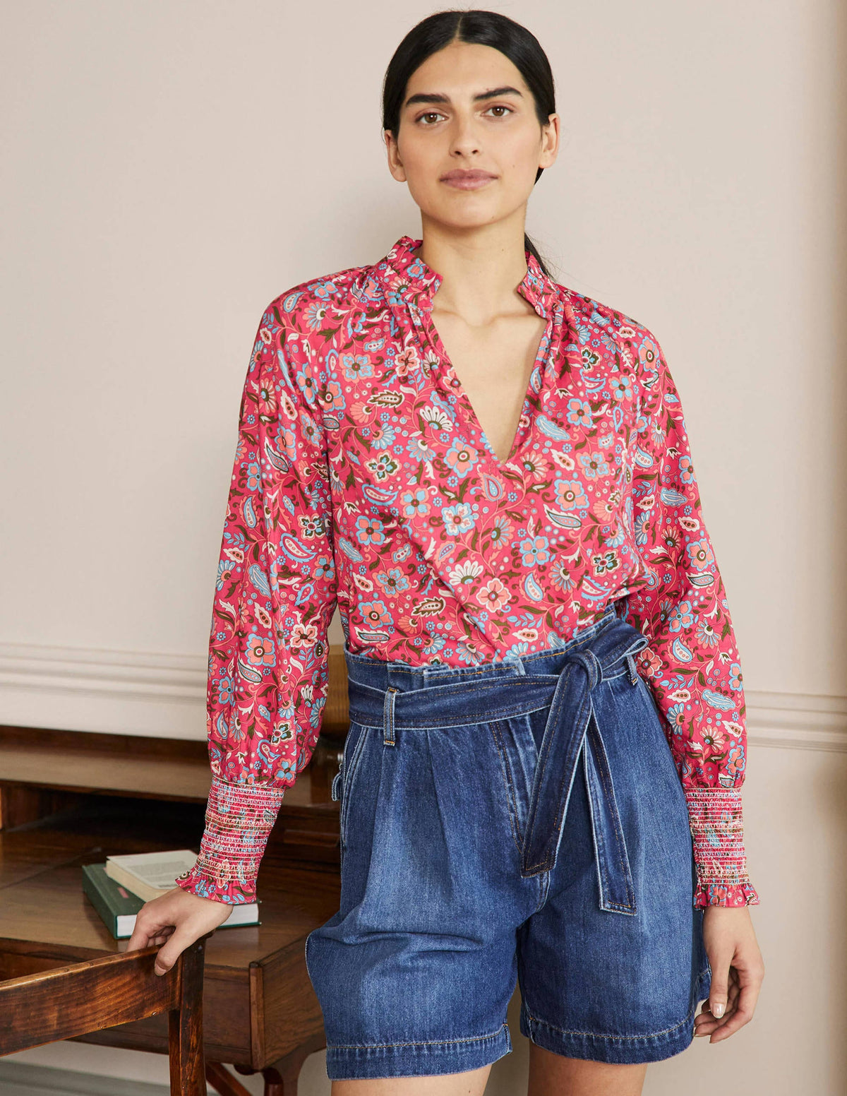 Smocked Cuff Printed Top-Radish, Oriental Paradise - Image 1