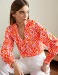 Smocked Cuff Printed Top-Papaya, Enchanting Paisley