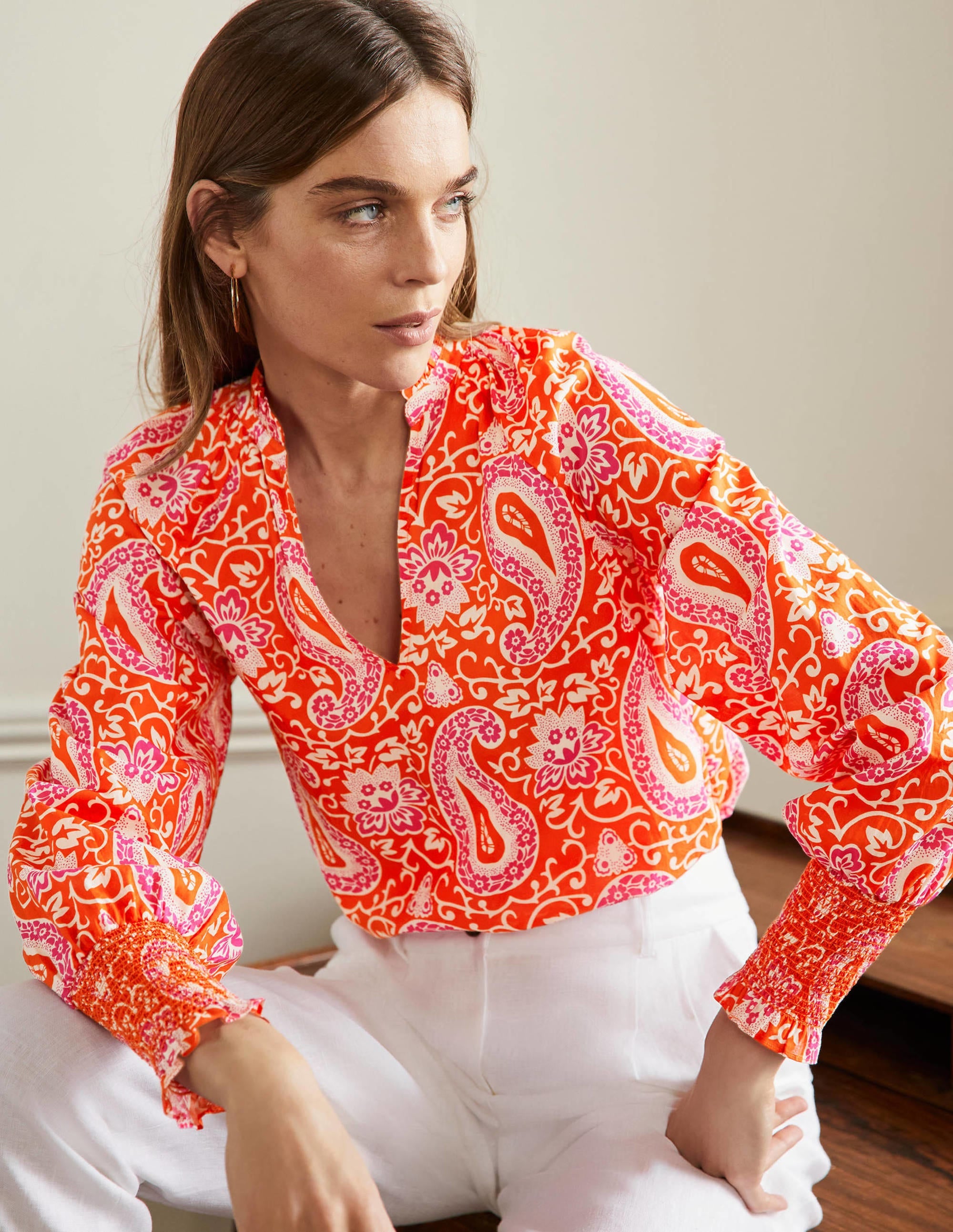 Smocked Cuff Printed Top-Papaya, Enchanting Paisley - Image 1