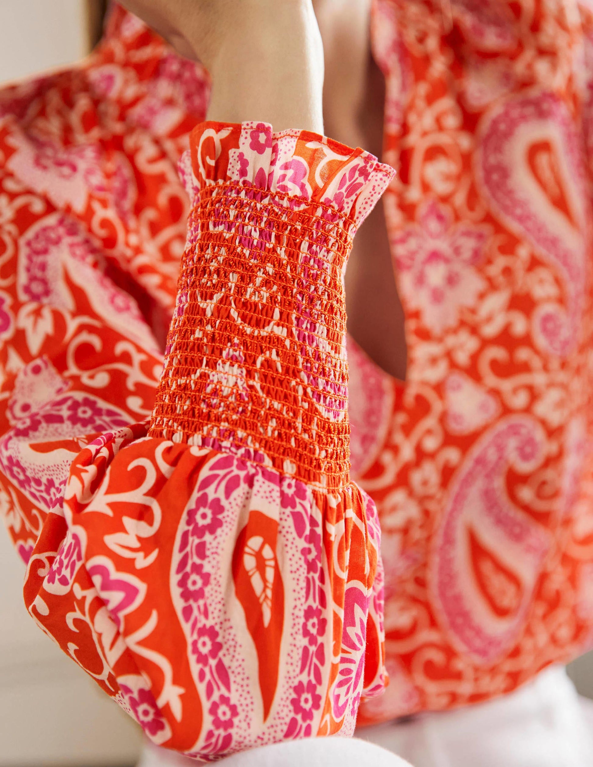 Smocked Cuff Printed Top-Papaya, Enchanting Paisley-2