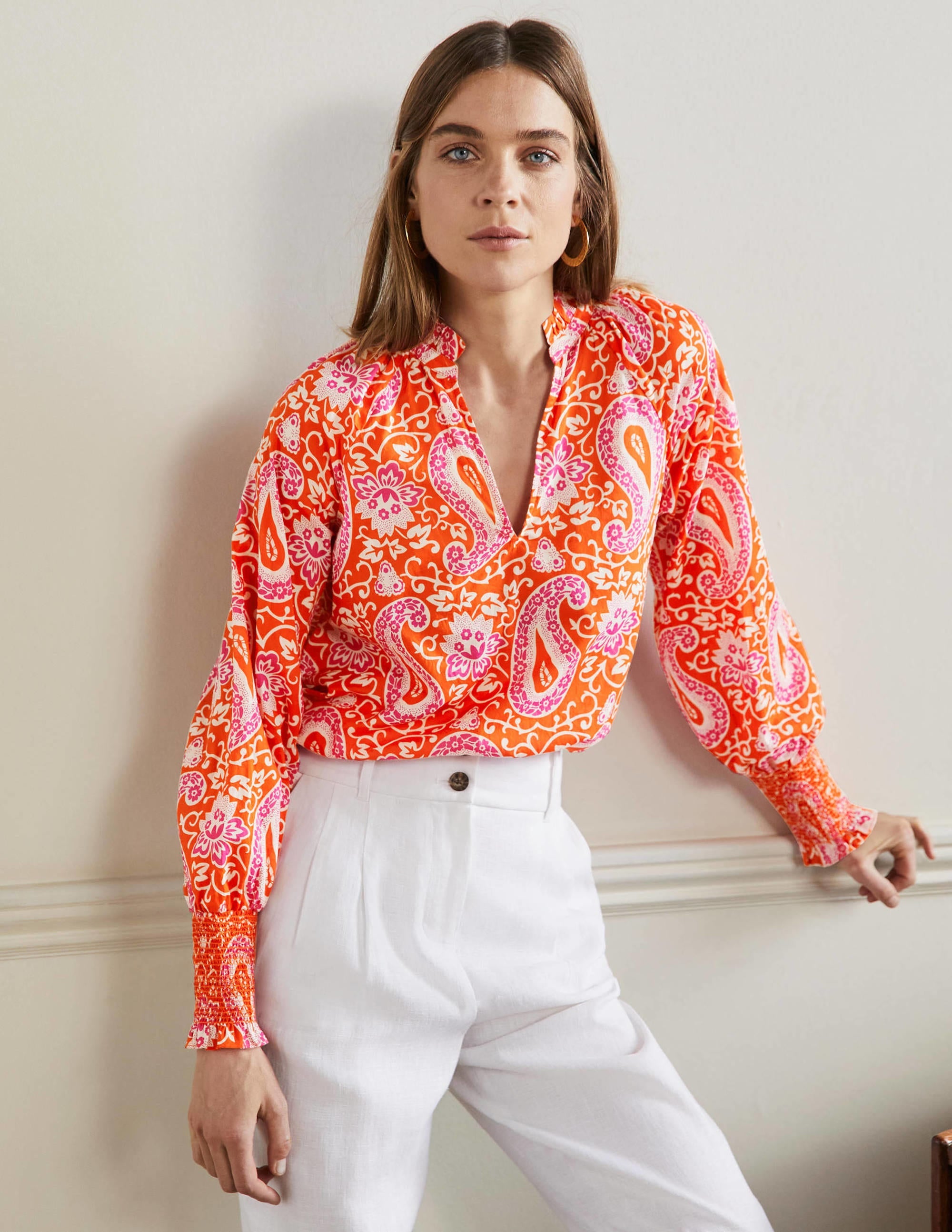 Smocked Cuff Printed Top-Papaya, Enchanting Paisley - Image 5