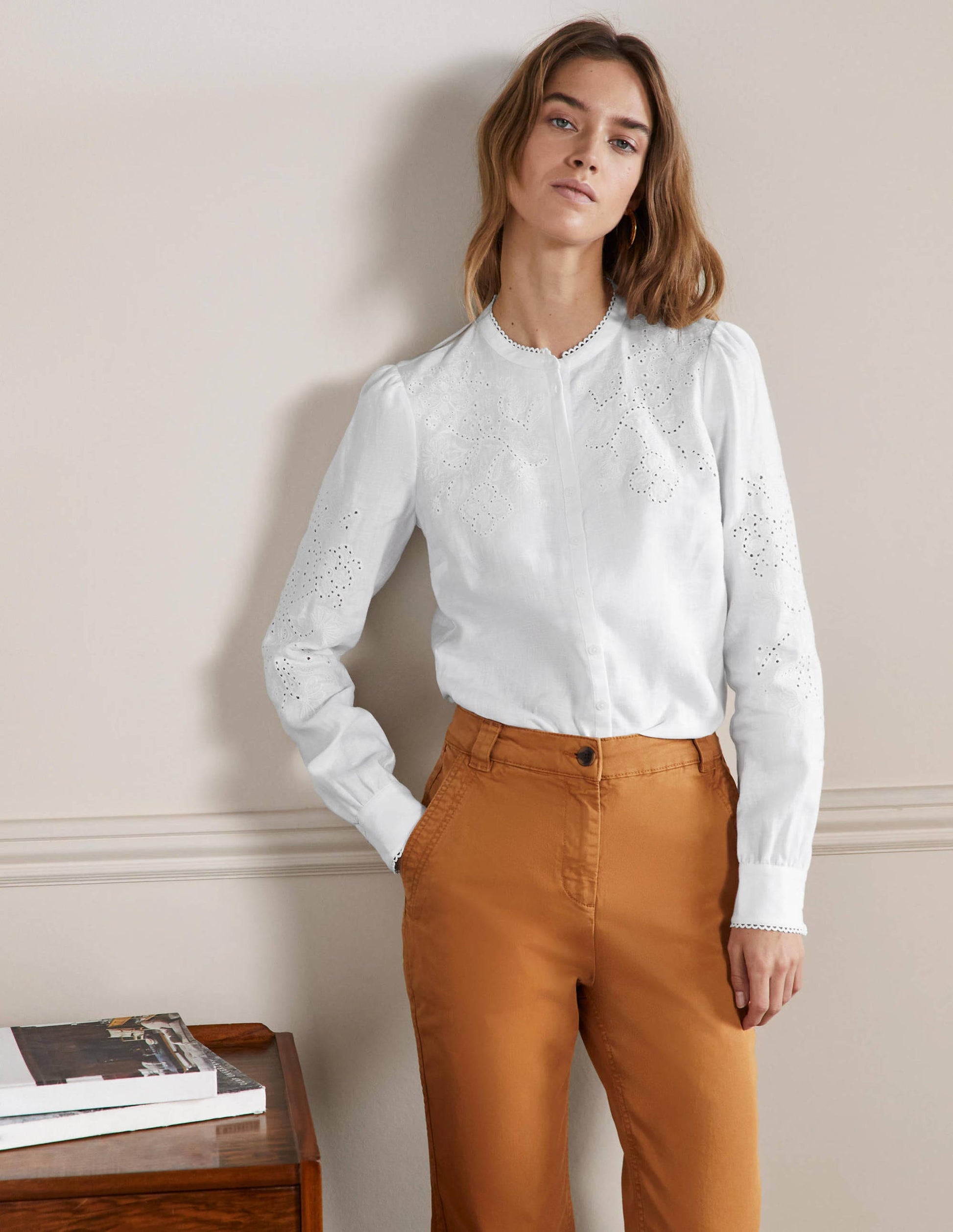 Cut Work High Neck Shirt-White-4