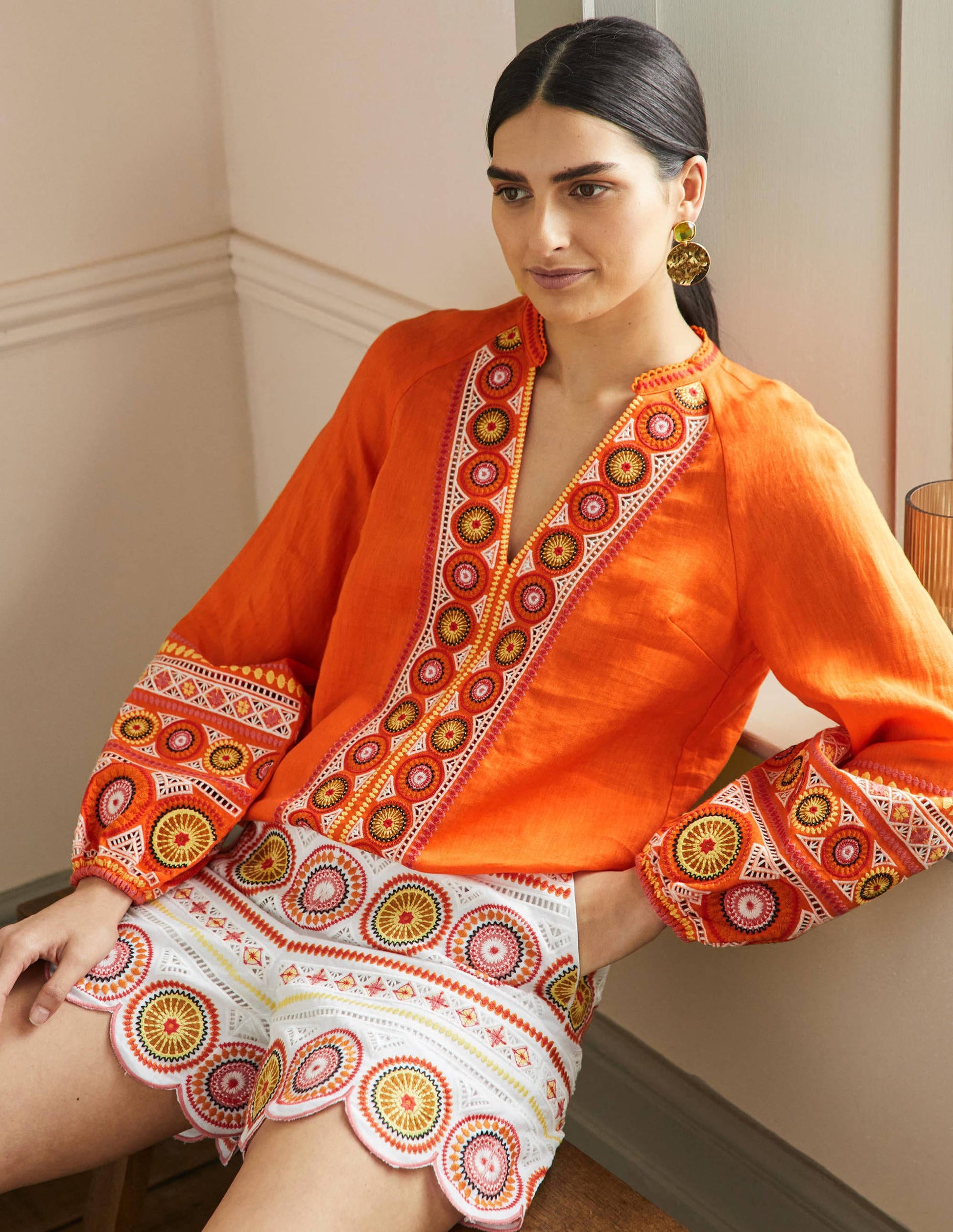 Tamsin Embroidered Linen Top-Clementine-1