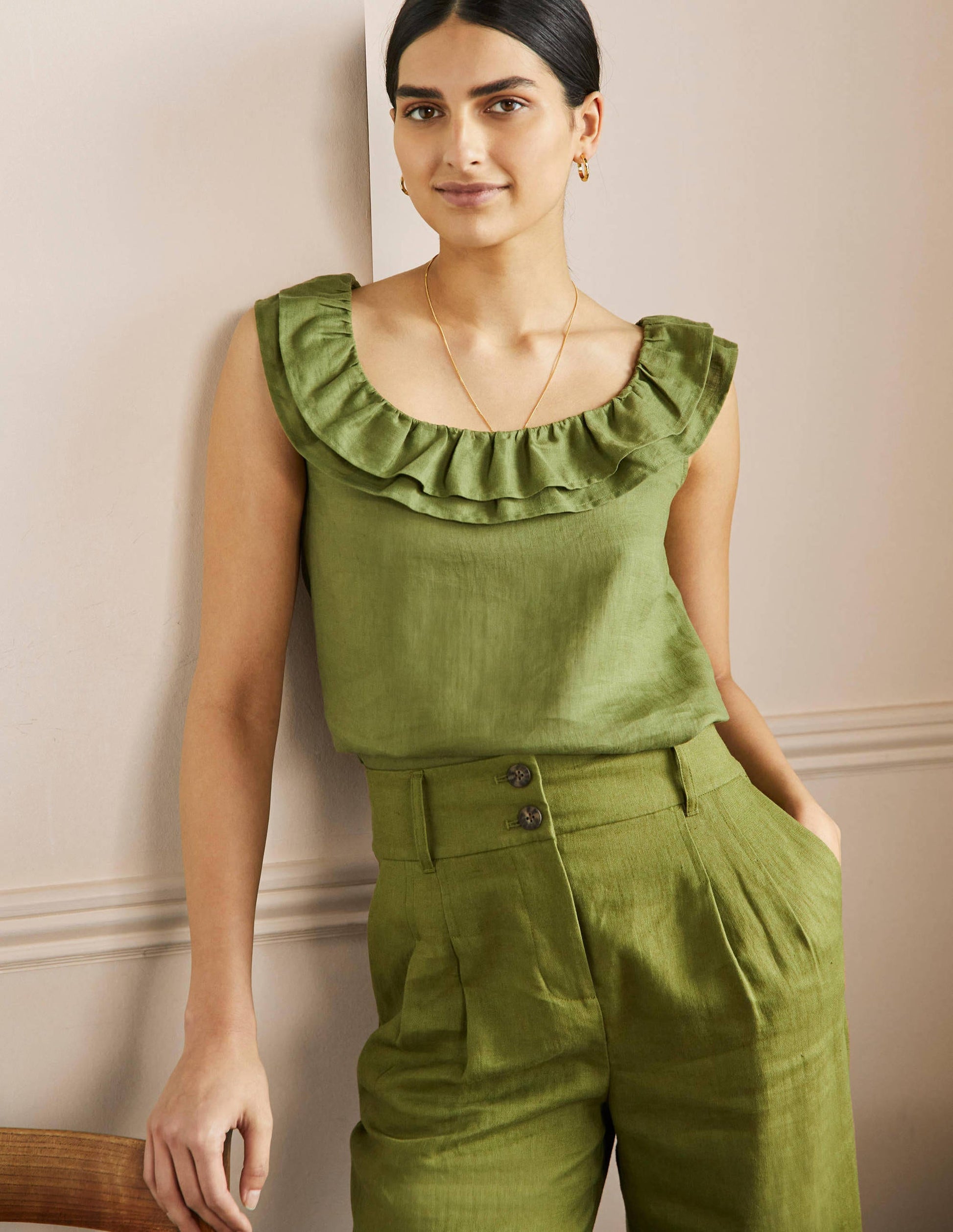 Sleeveless Ruffle Linen Top-Pea Green-4