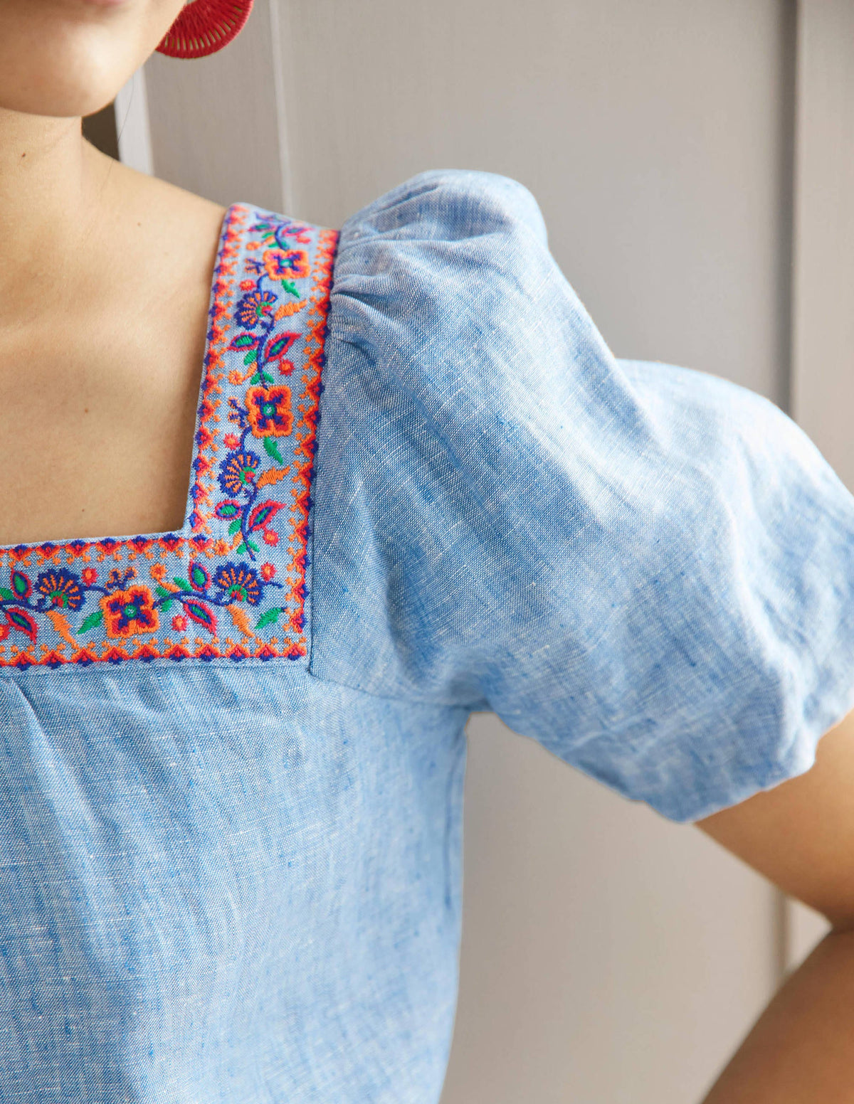 Square Neck Linen Top-Chambray-2