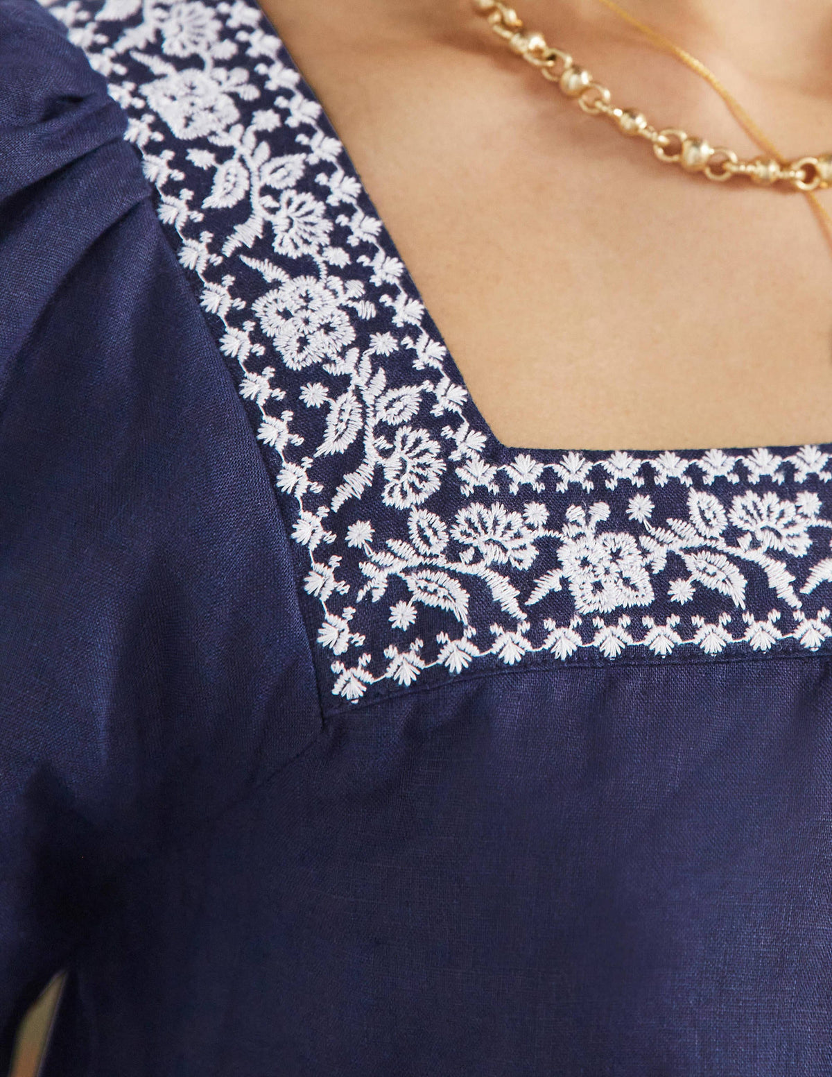 Square Neck Linen Top-Navy Embroidery-2