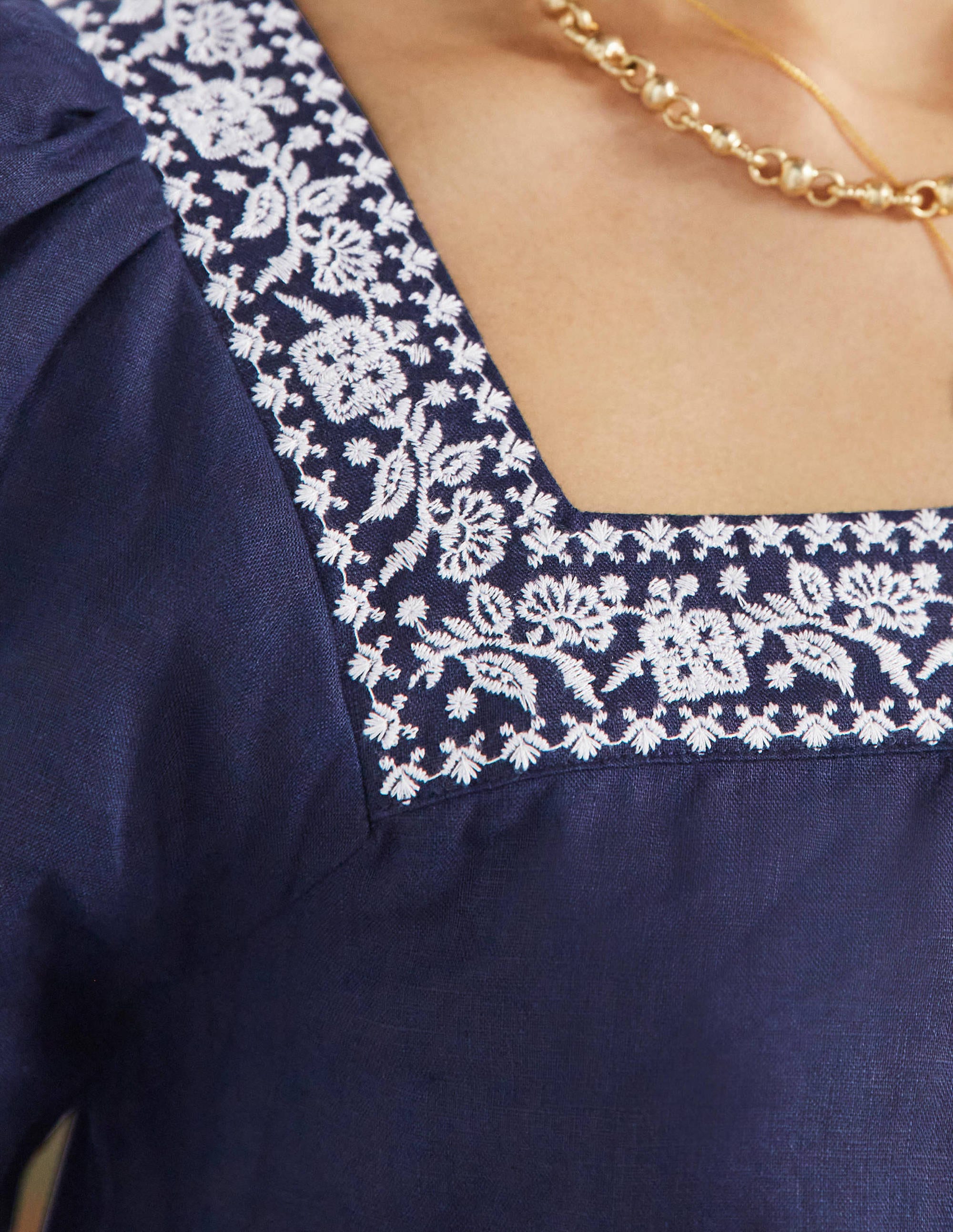 Square Neck Linen Top-Navy Embroidery - Image 2