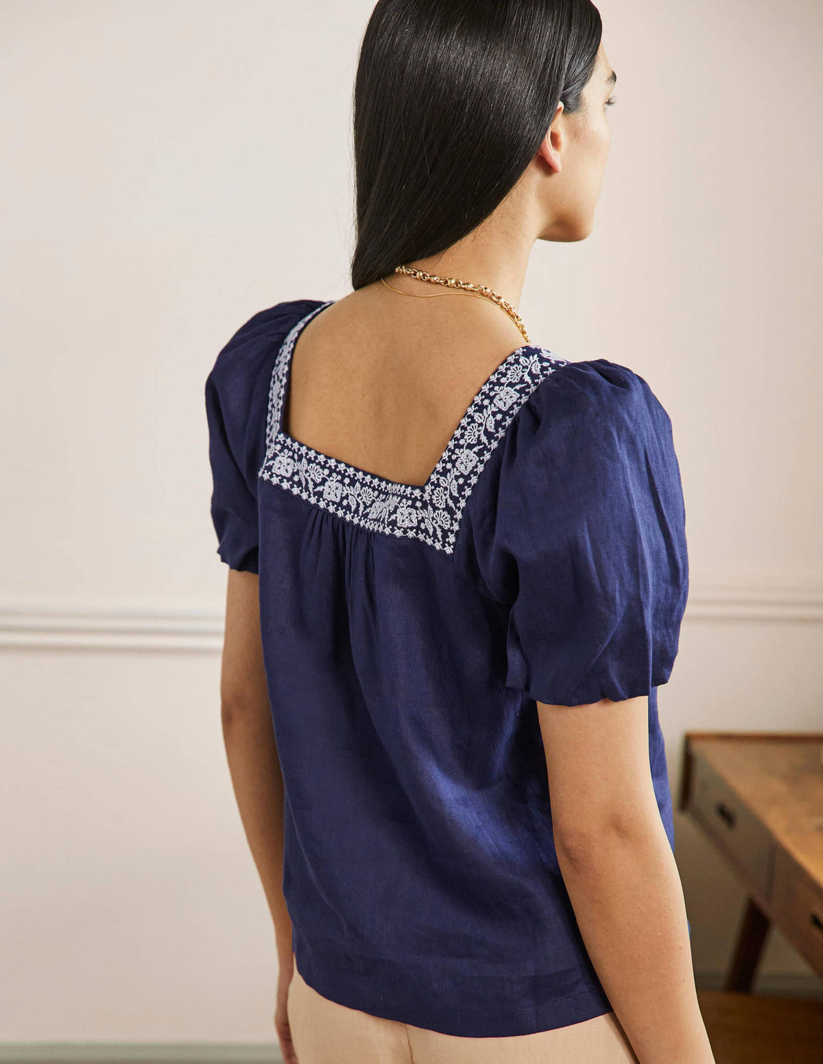 Square Neck Linen Top-Navy Embroidery - Image 3