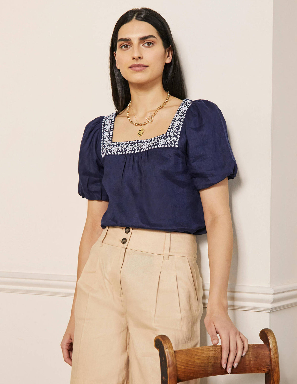 Square Neck Linen Top-Navy Embroidery-4