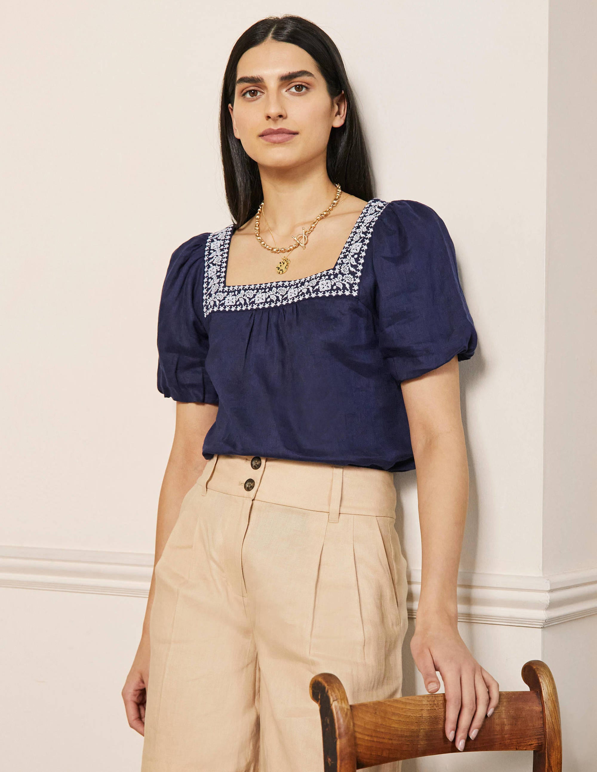 Square Neck Linen Top-Navy Embroidery - Image 4