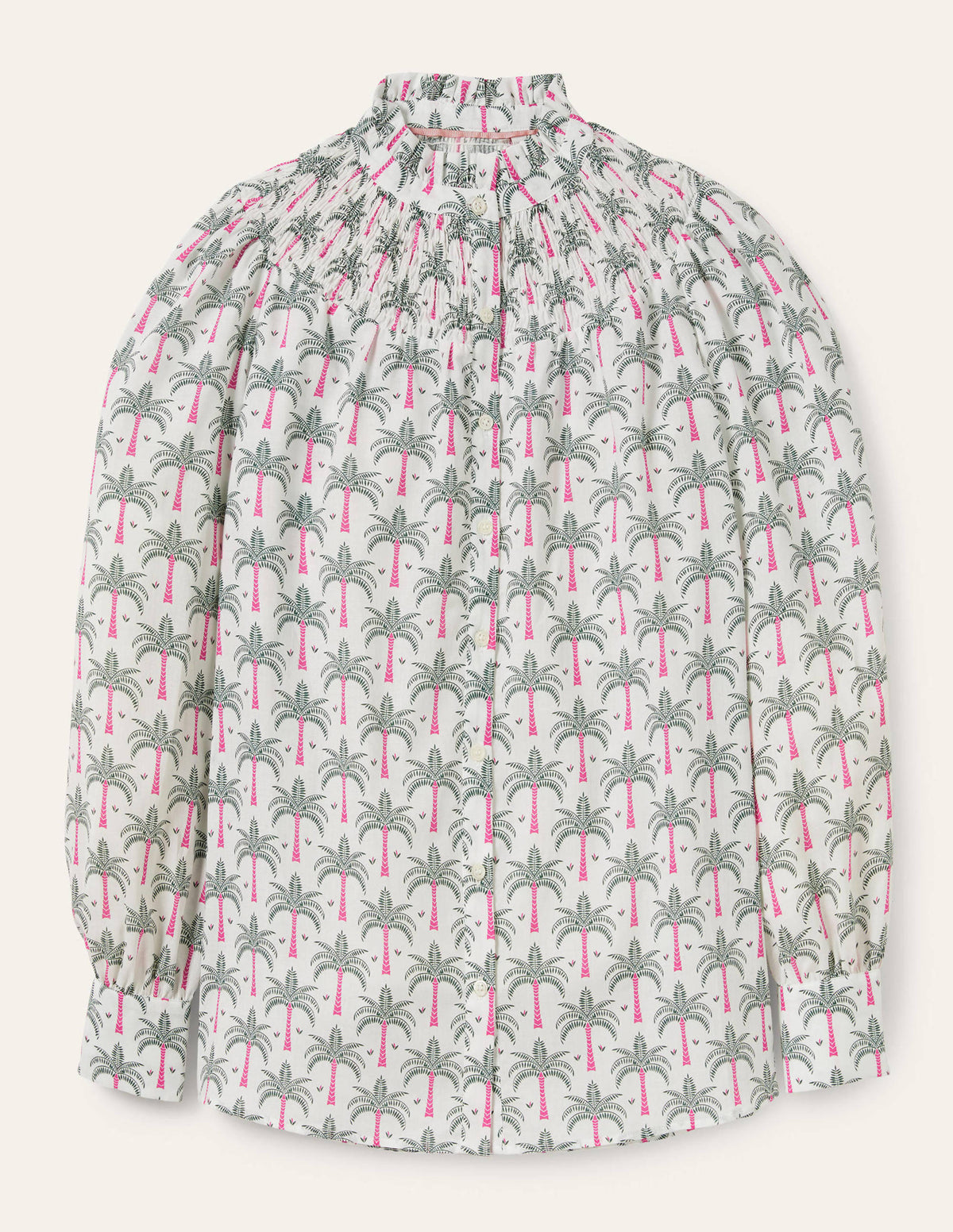 Smocked High Neck Shirt-Ivory, Paradise Palm-5