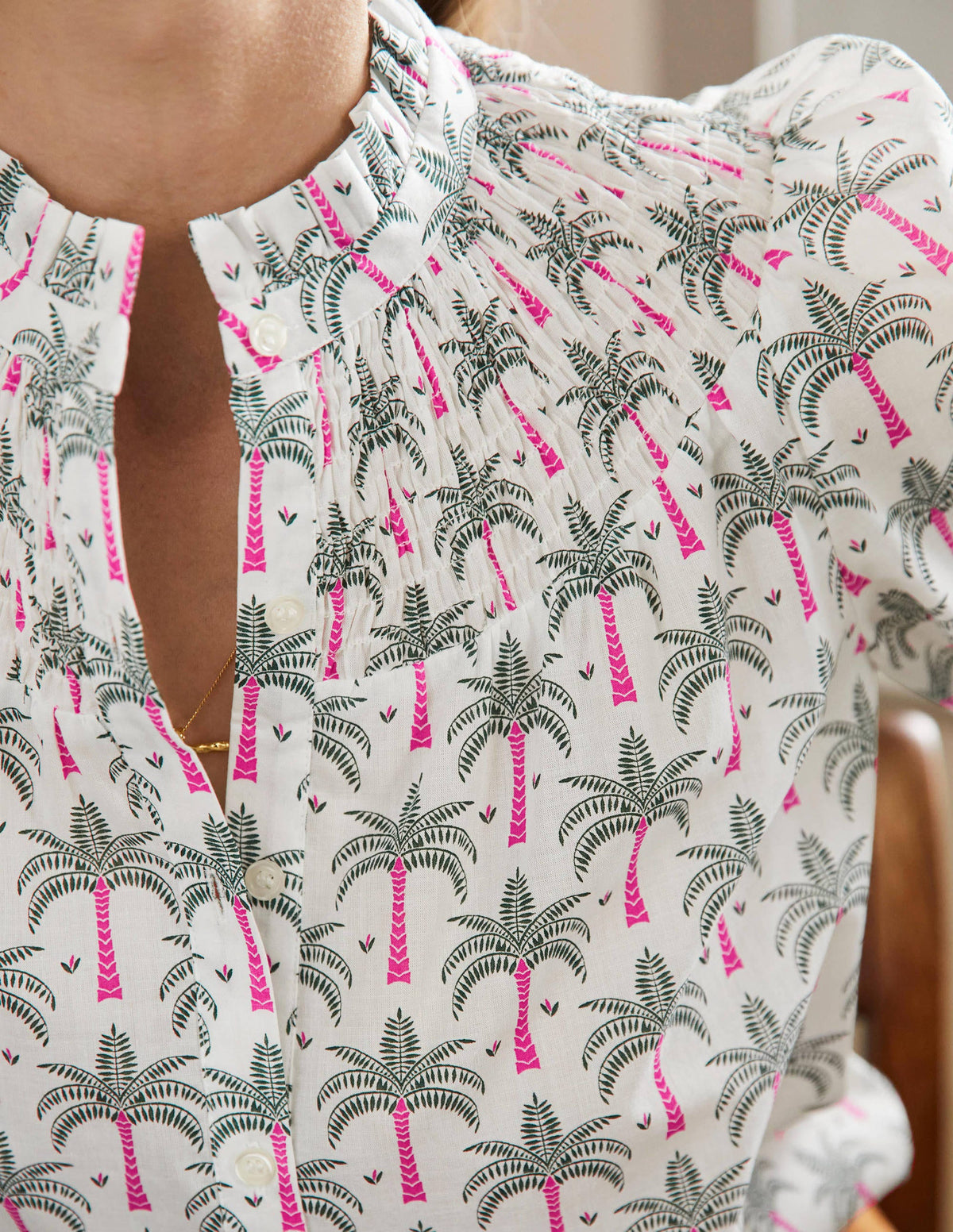 Smocked High Neck Shirt-Ivory, Paradise Palm-2