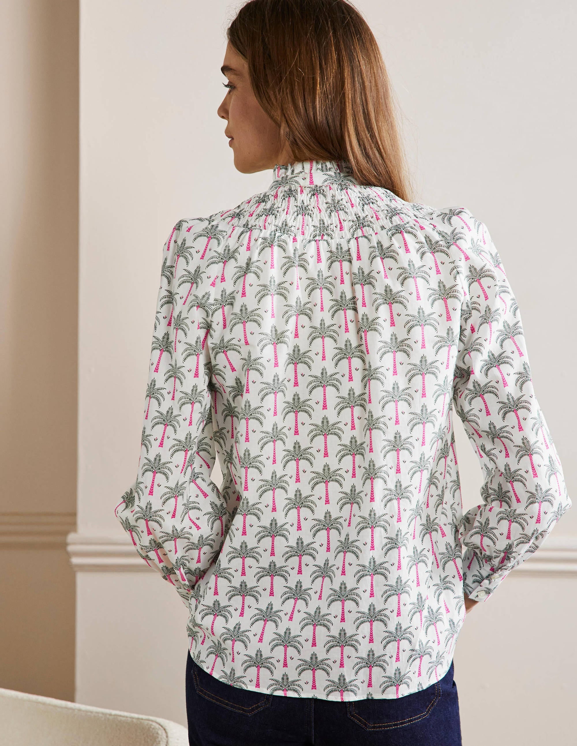 Smocked High Neck Shirt-Ivory, Paradise Palm - Image 3