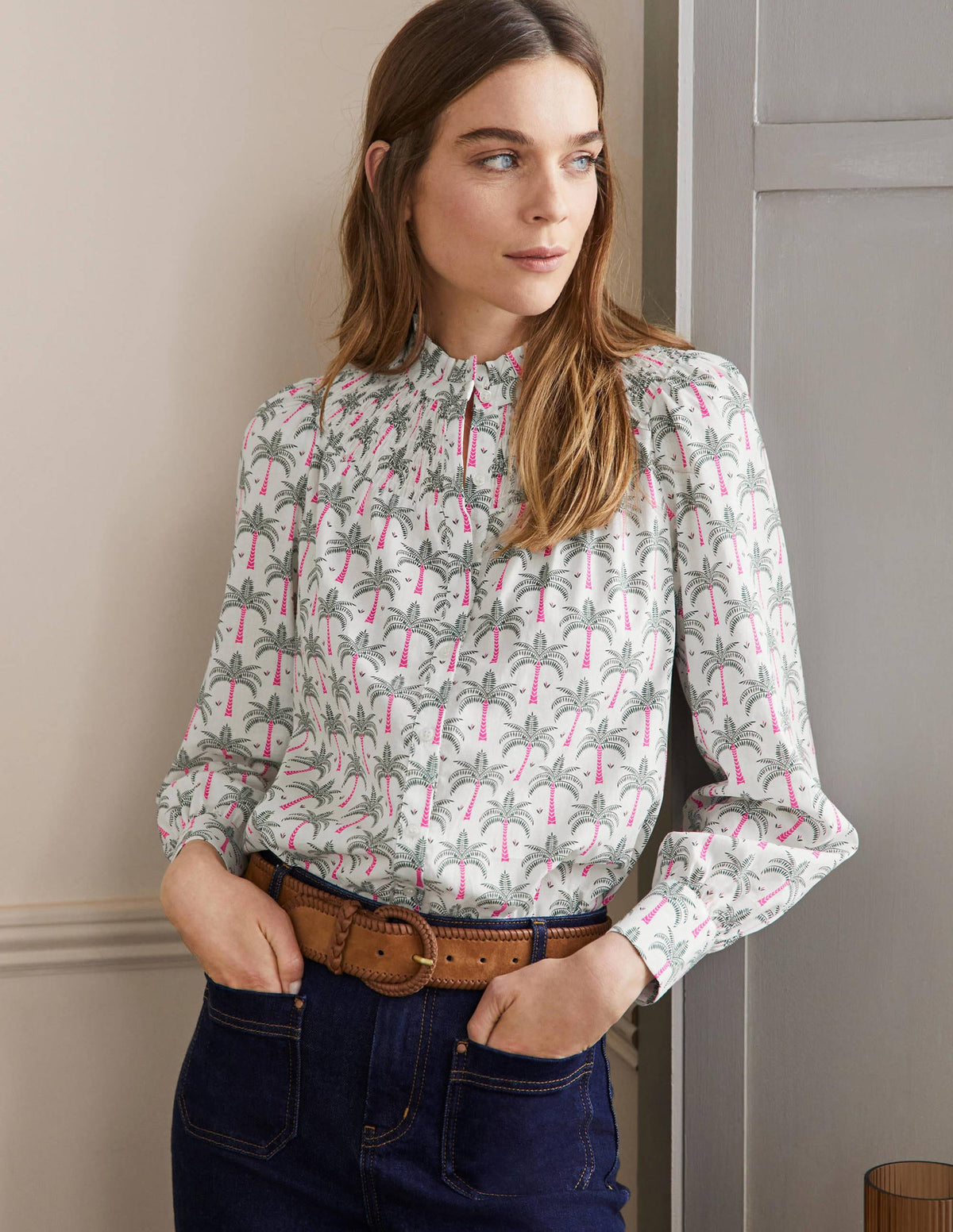 Smocked High Neck Shirt-Ivory, Paradise Palm - Image 4