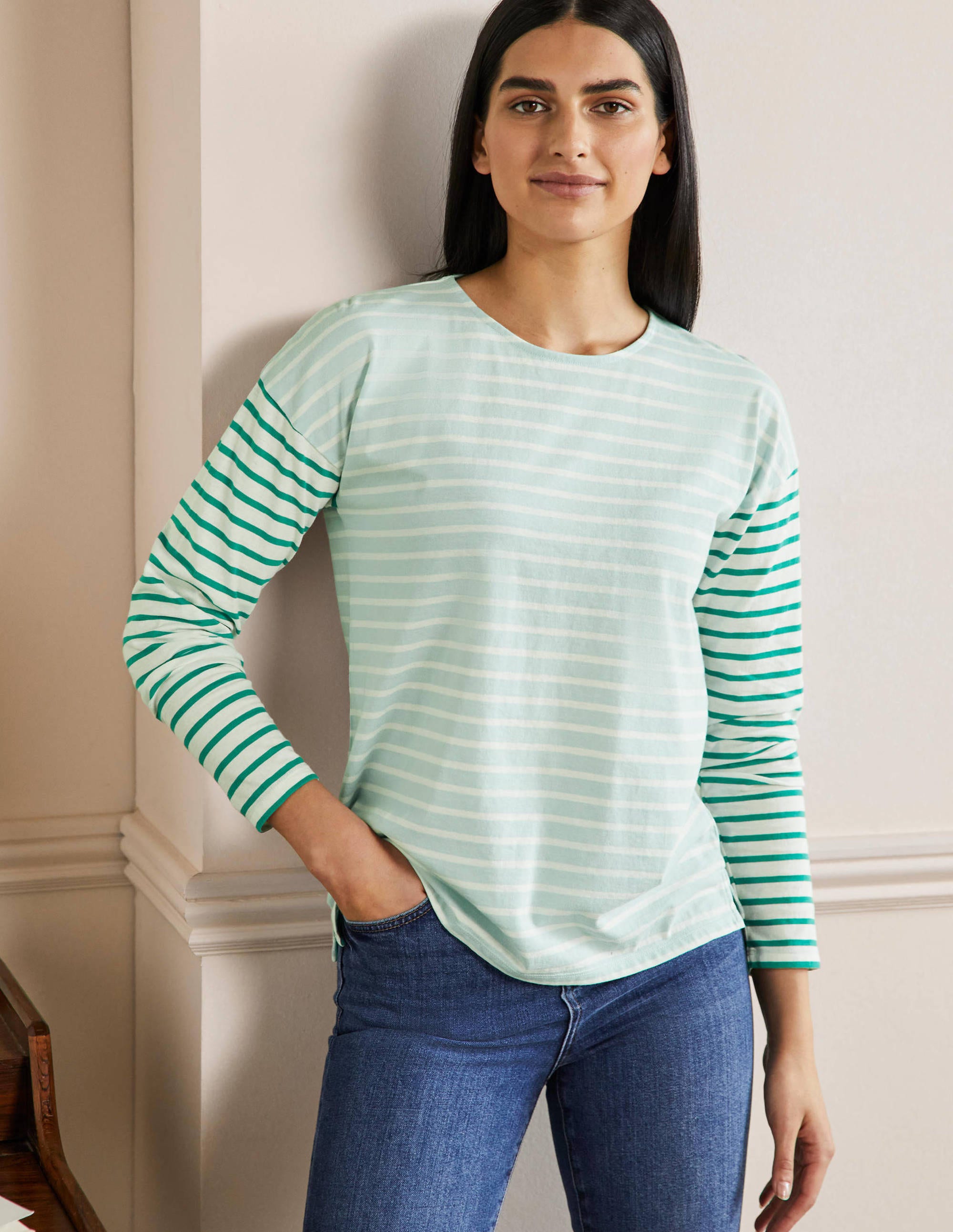 Dropped Shoulder Breton Top-Dawn Sky / Ivory Stripe - Image 4