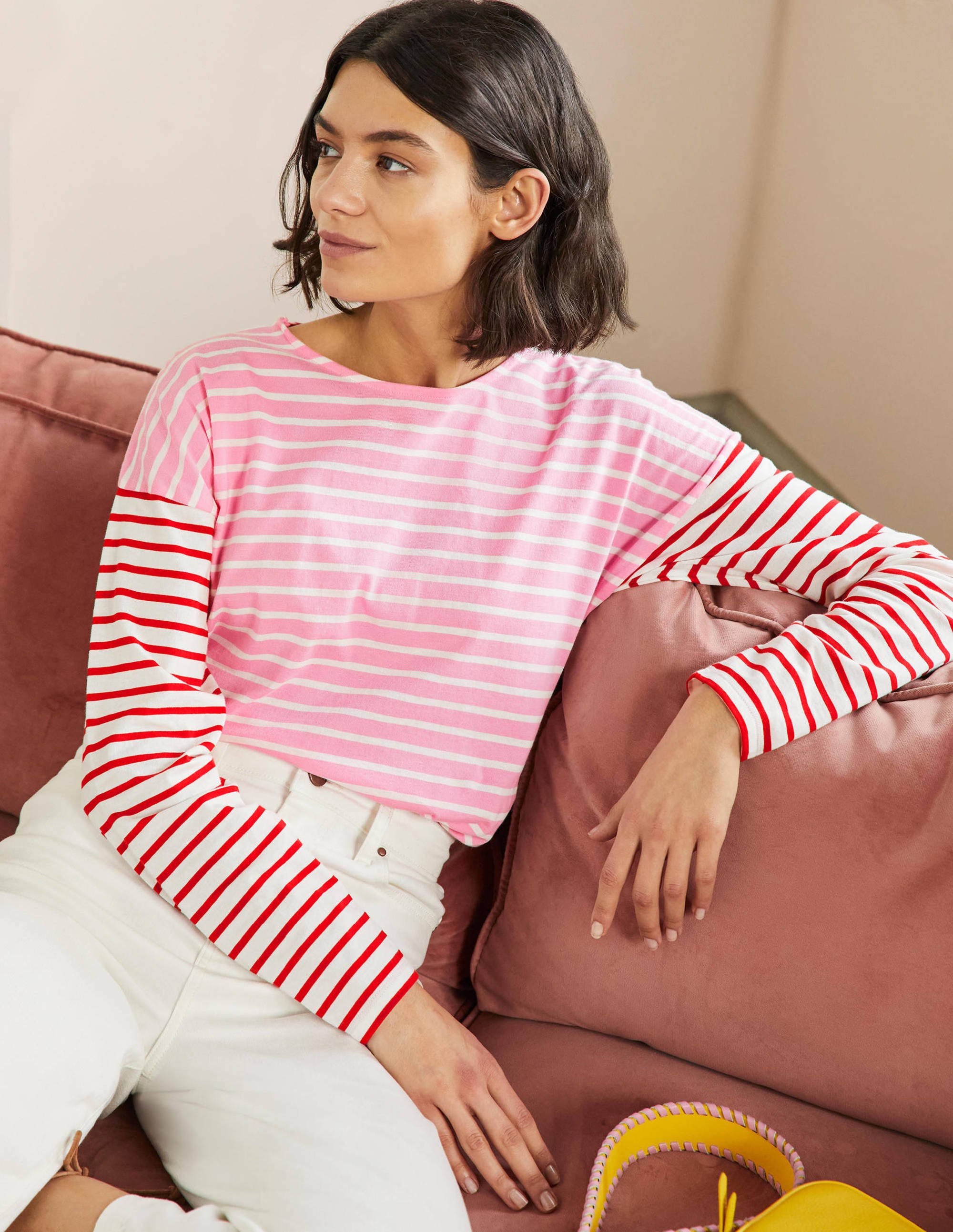 Dropped Shoulder Breton Top-Sachet Pink / Ivory Stripe - Image 1