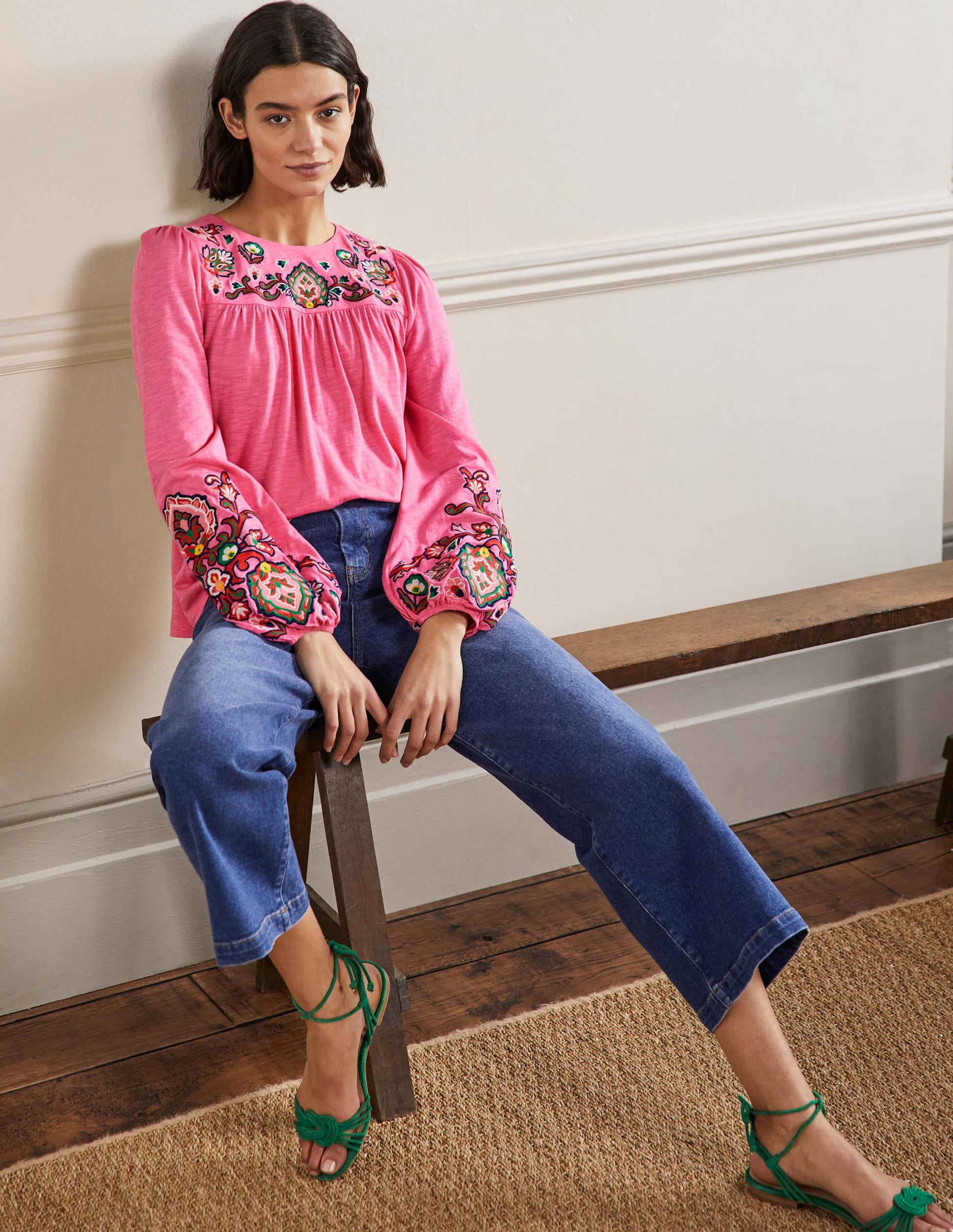 Embroidered Blouson Jersey Top-Azalea-4