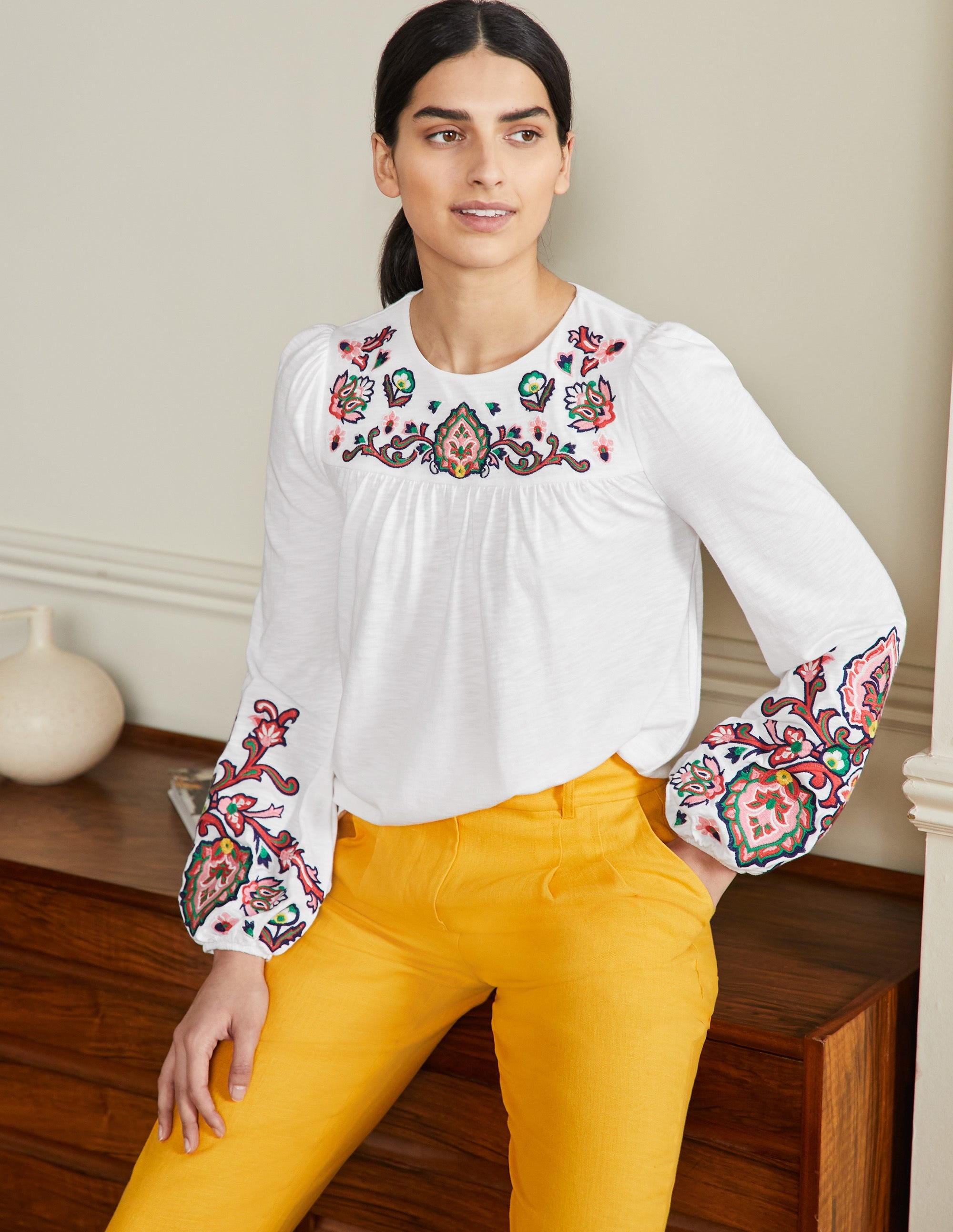 Embroidered Blouson Jersey Top-White - Image 1