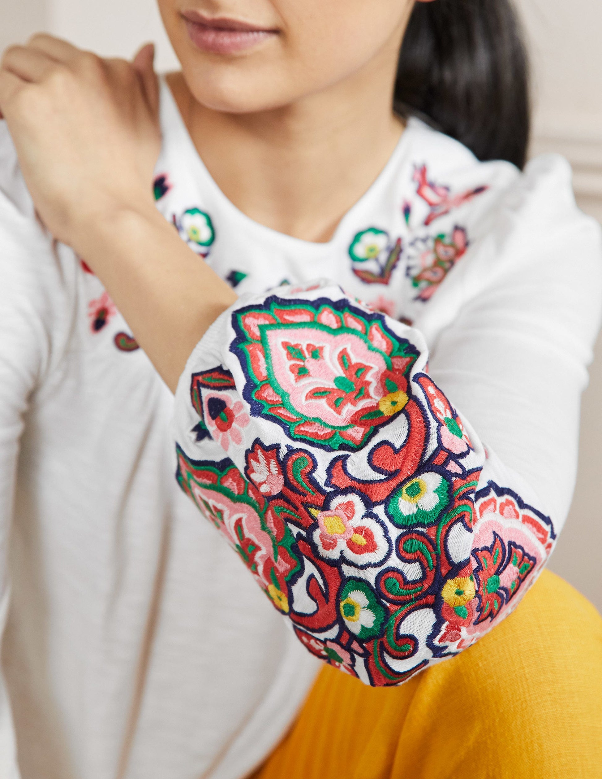 Embroidered Blouson Jersey Top-White-2