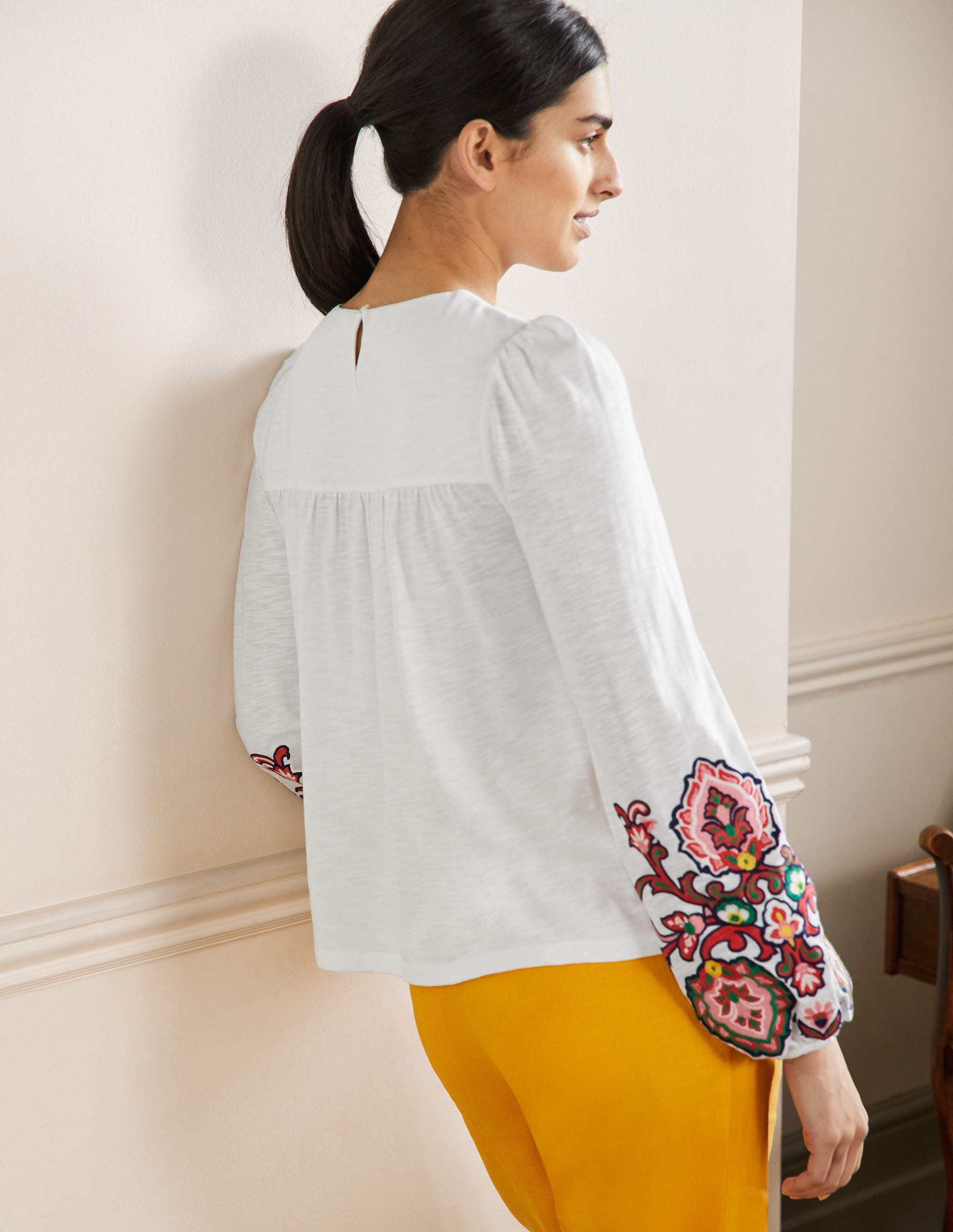 Embroidered Blouson Jersey Top-White - Image 3
