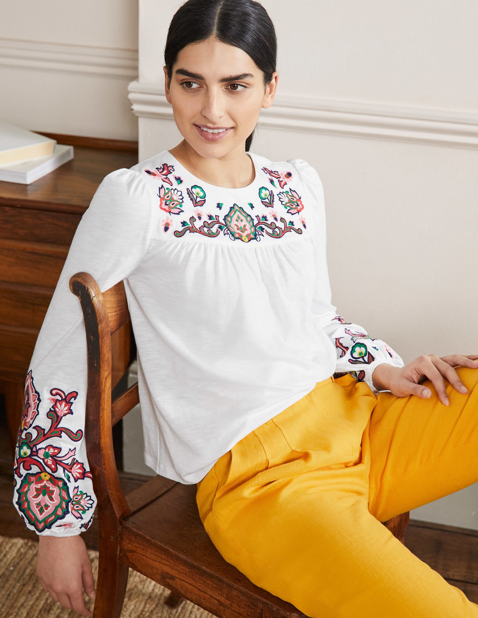 Embroidered Blouson Jersey Top-White - Image 4