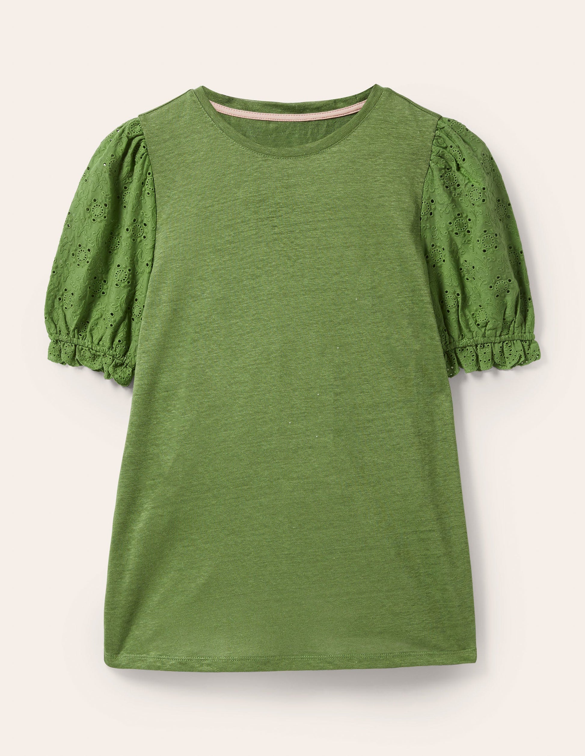 Broderie Sleeve Linen T-Shirt-English Ivy-5