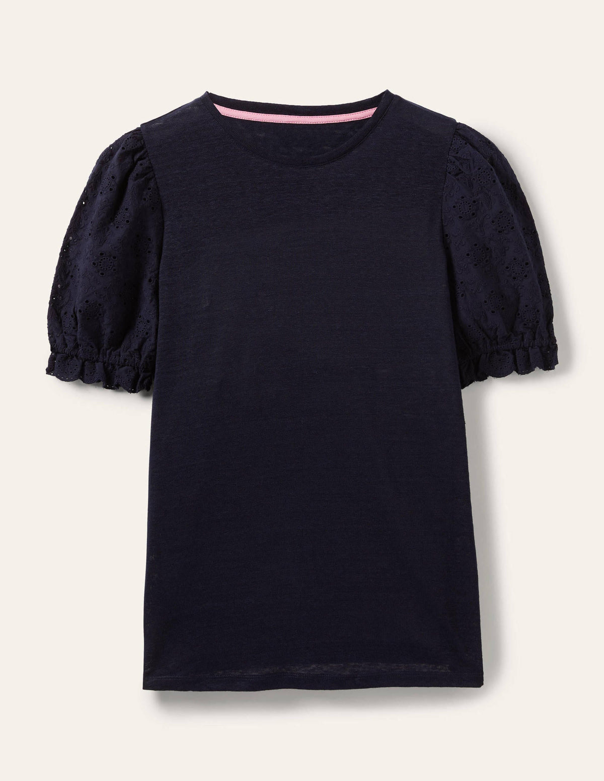 Broderie Sleeve Linen T-Shirt-Navy - Image 5