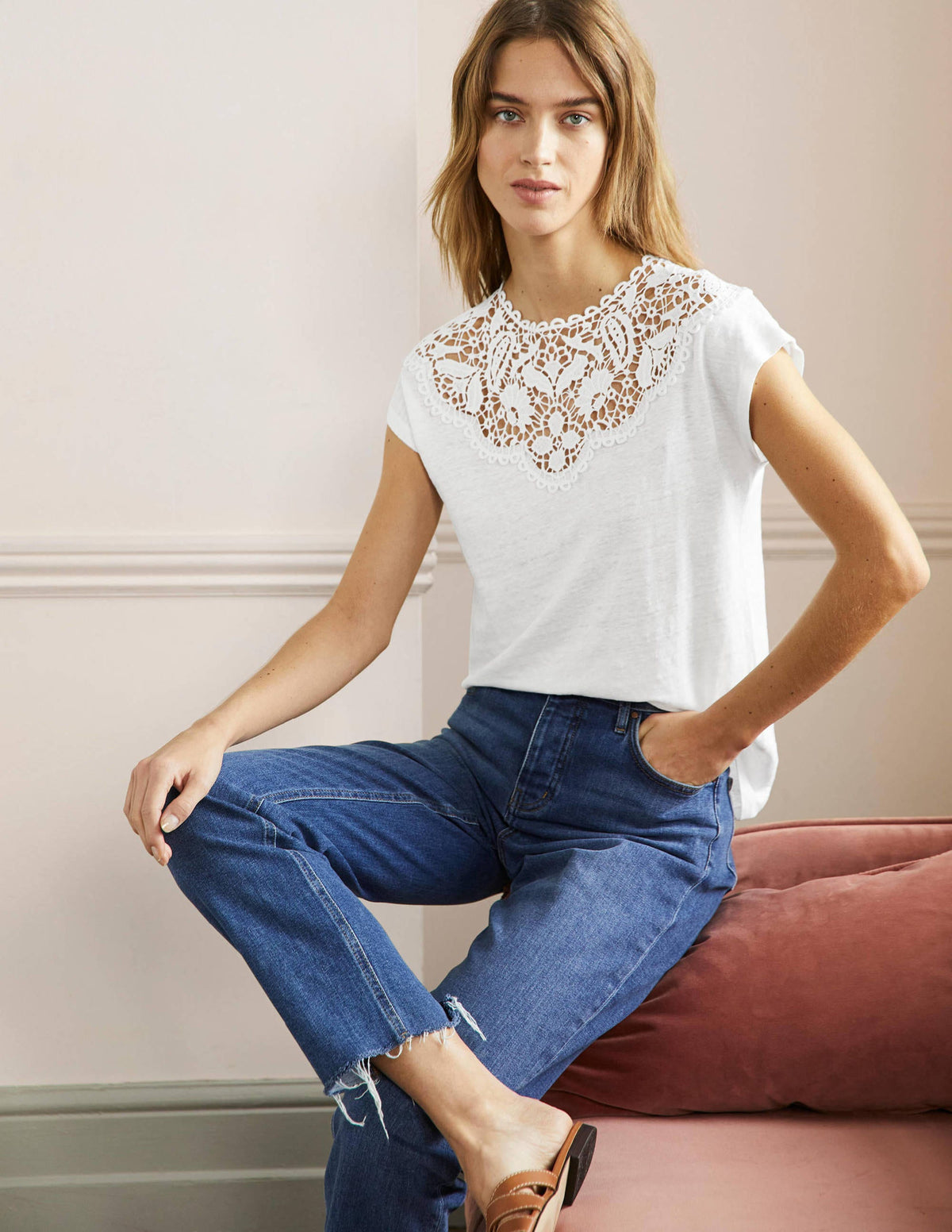 Cut Work Linen T-Shirt-White - Image 4