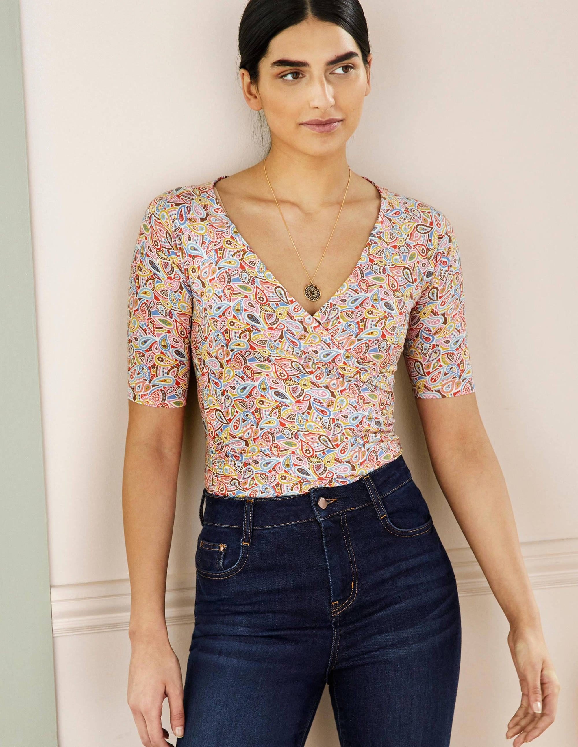 Short Sleeve Wrap Top-Multi, Paisley Blush - Image 1