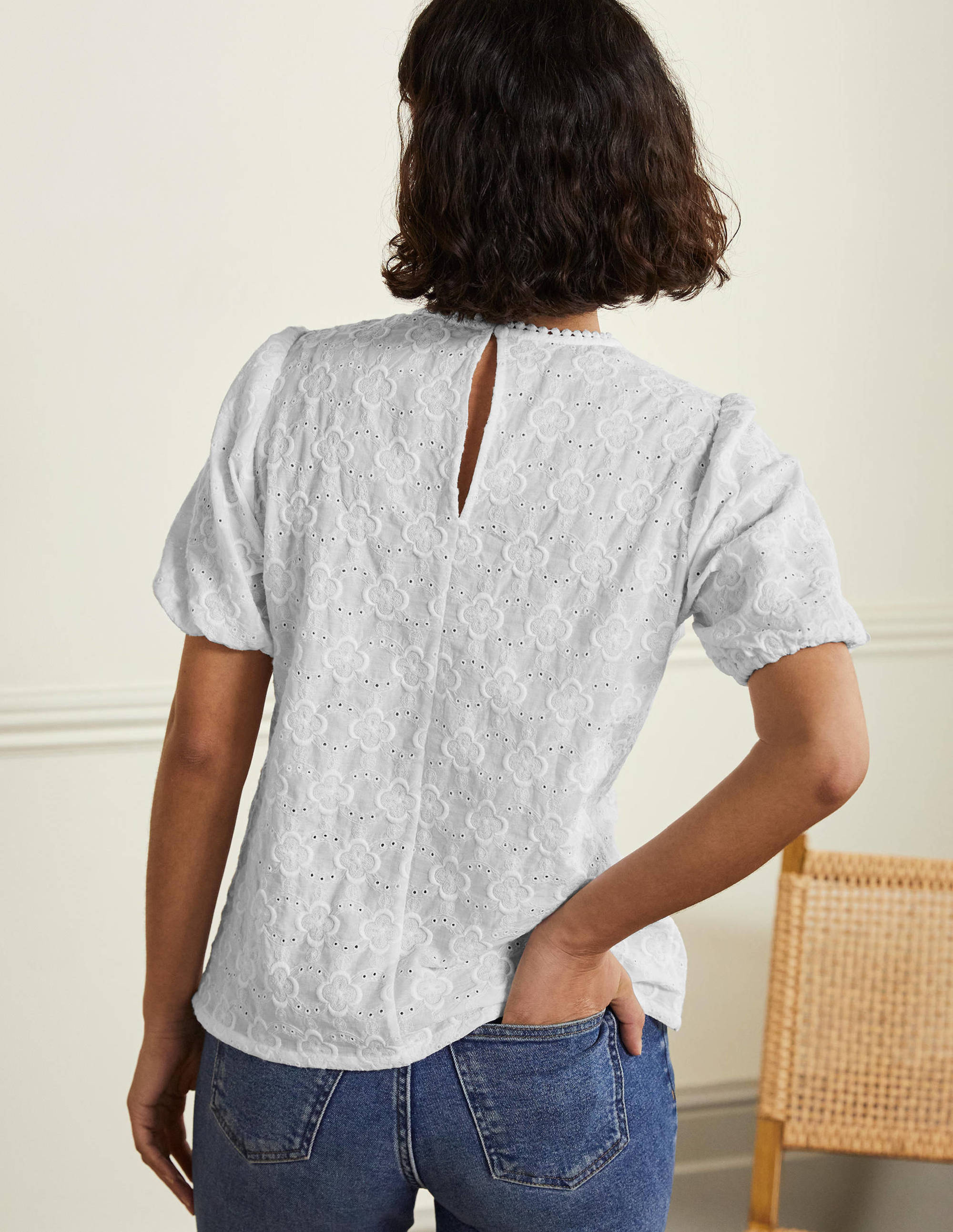 Broderie Puff Sleeve Top-White - Image 3