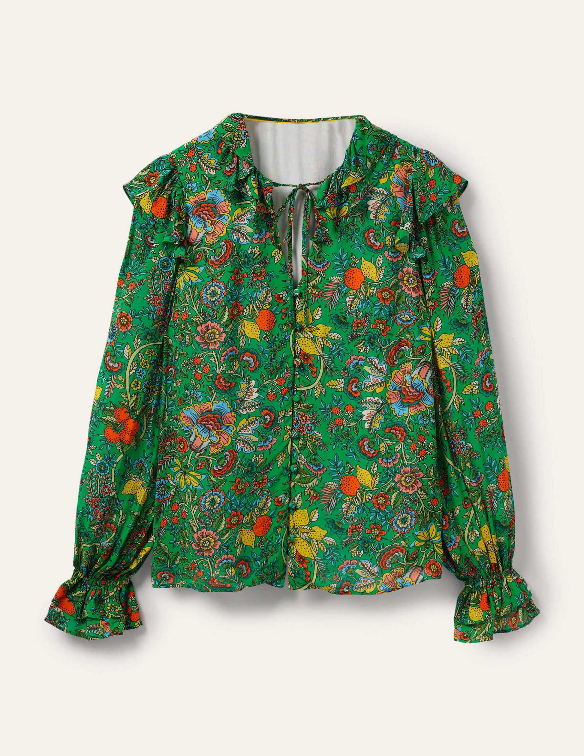 Ruffle Neck Blouse-Rich Emerald, Tropic Meadow-5