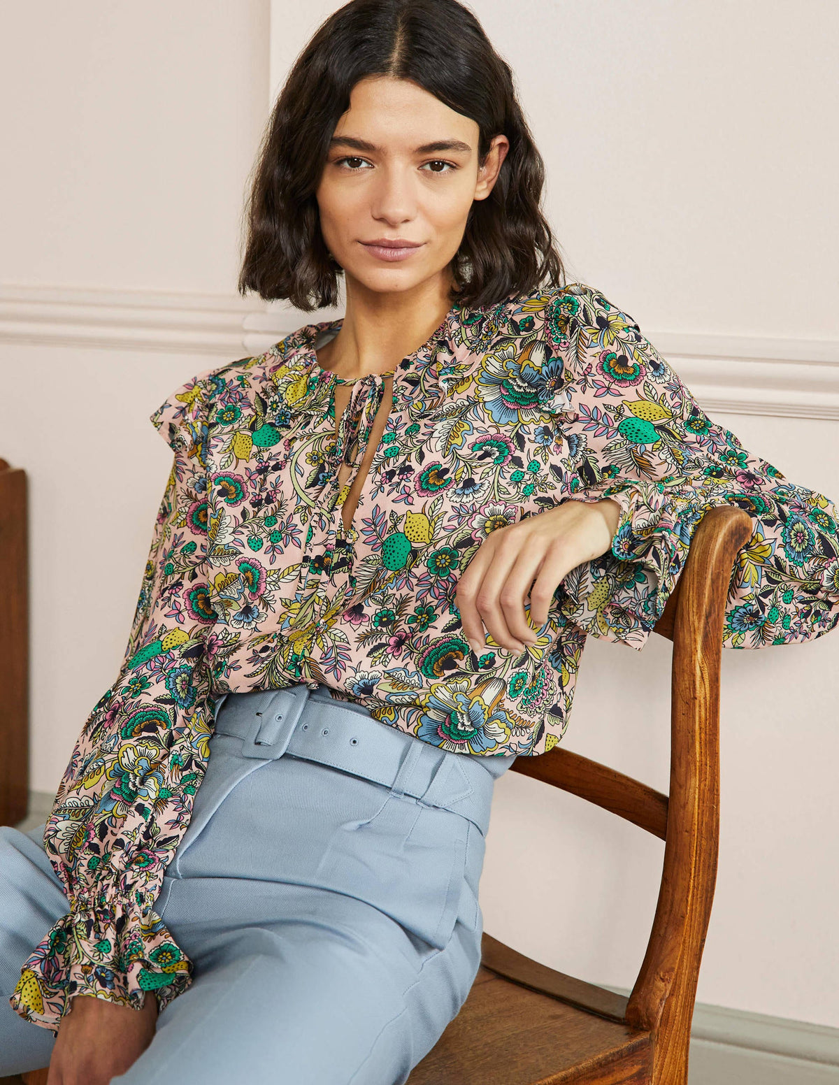 Ruffle Neck Blouse-Milkshake, Tropic Meadow-1