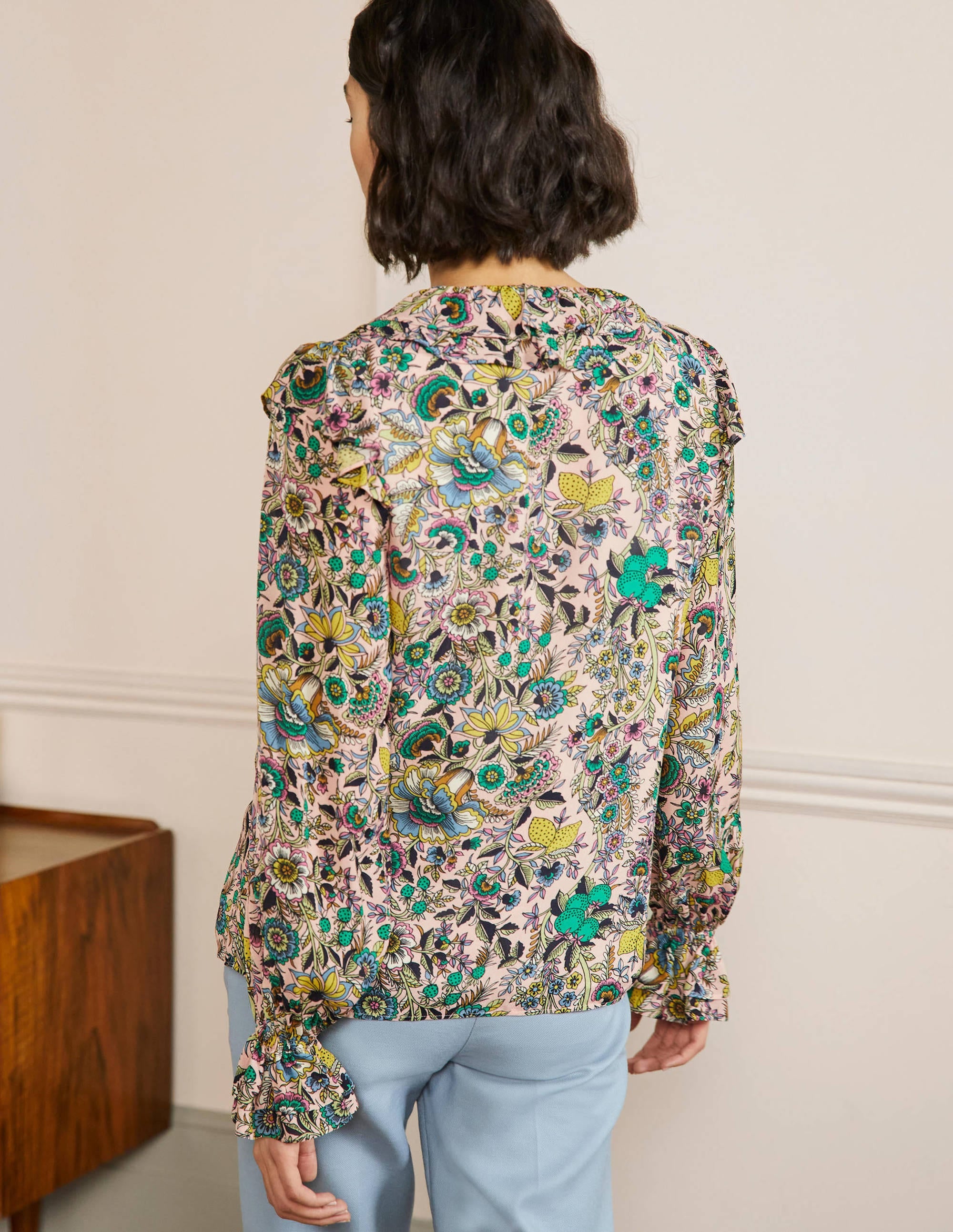 Ruffle Neck Blouse-Milkshake, Tropic Meadow - Image 3