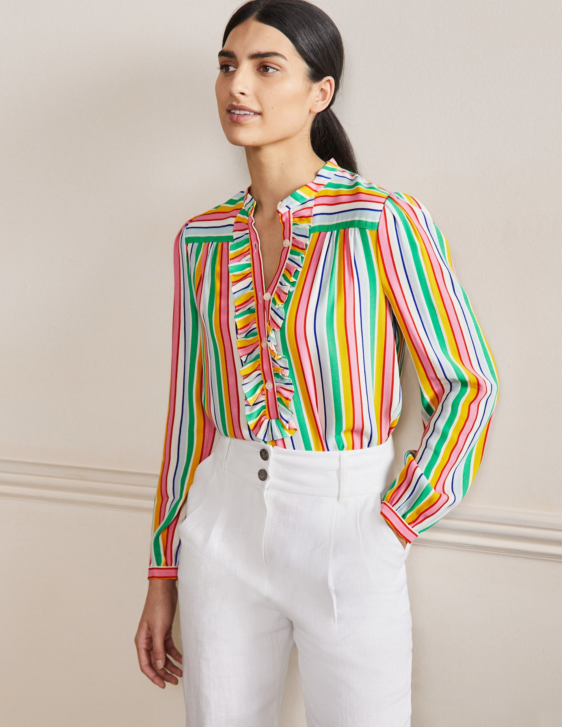 Ruffle Popover Blouse-Rainbow Multistripe-1